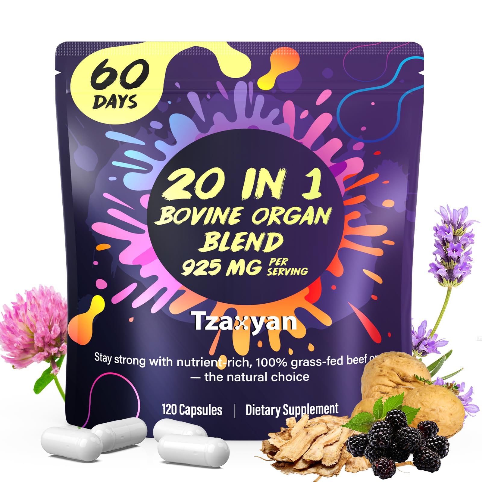 20-In-1 Beef Organ Supplement for Women 925MG Grass Fed Beef Liver Uterus Ovary 3 more with Maca DIM