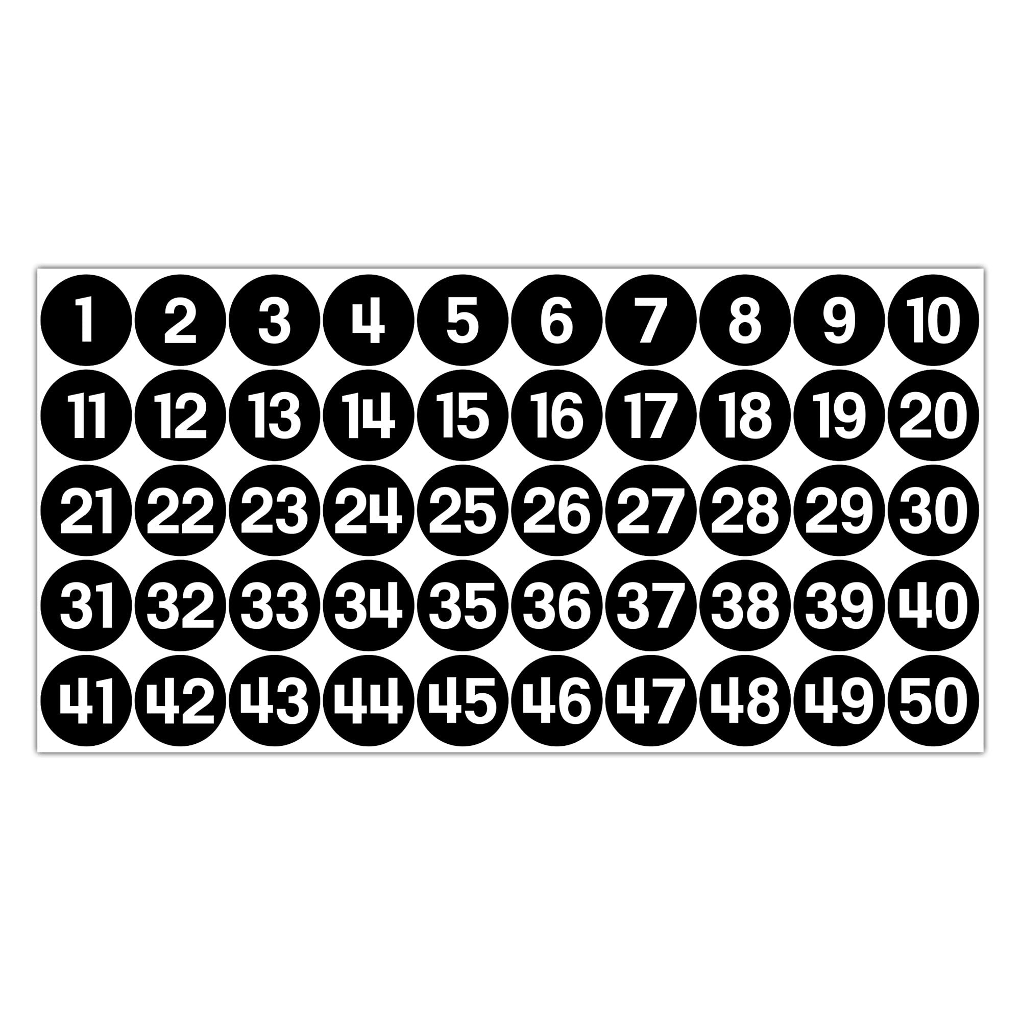 GamesMonkey® - Números Etiquetas Círculos Pegatinas - Negro - del 1 al 50 - (50-500 - 2500 piezas)(10-25 mm) Vinilo Brillo Impermeable - Inventario Consecutivo (10 mm - 1,0 cm, 50 Piezas - 1 Hoja)