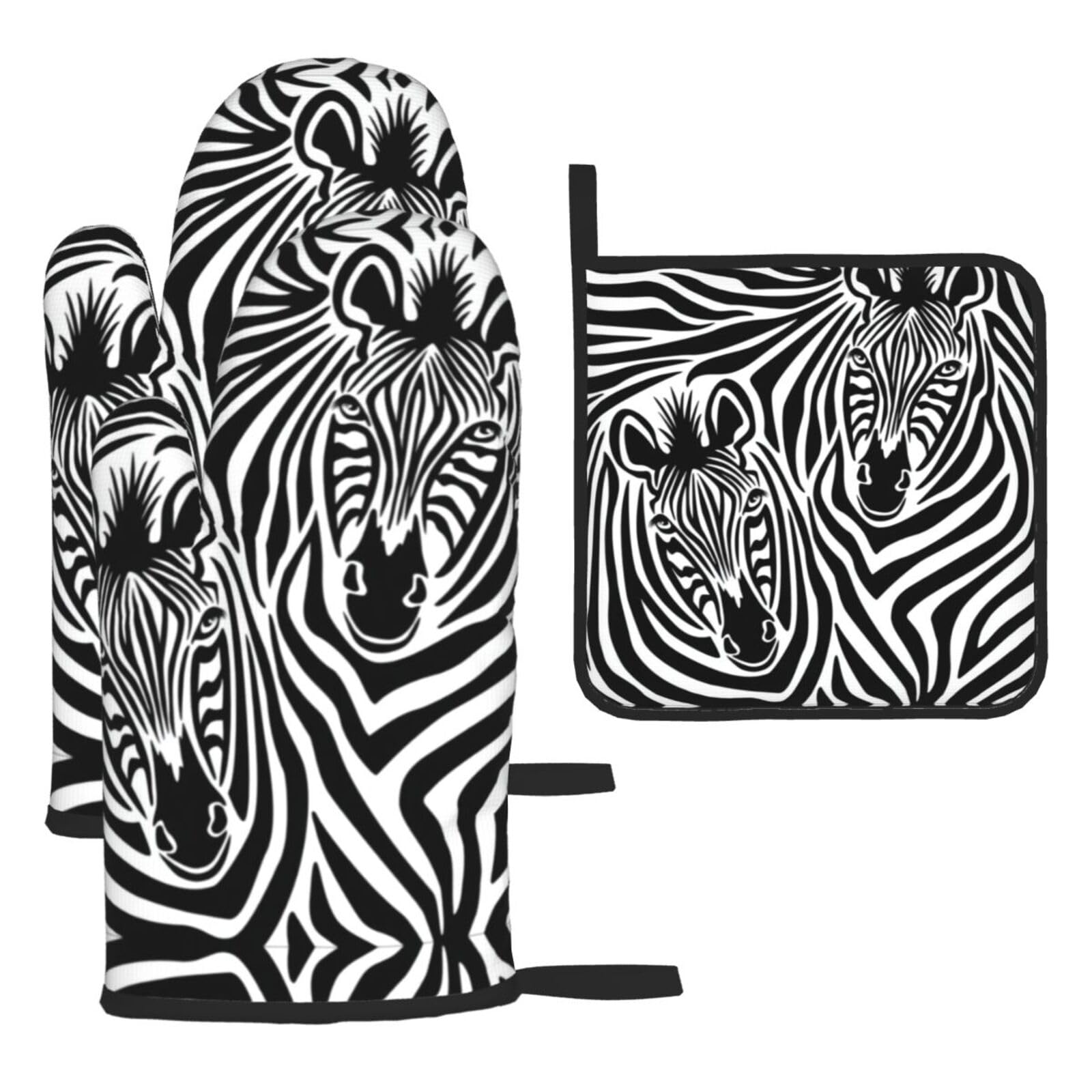 Zebra Printed Oven Mitt Set 3-Piece | Heat Resistant Gloves & Pot Holder Mat for Cooking, Baking & BBQ
