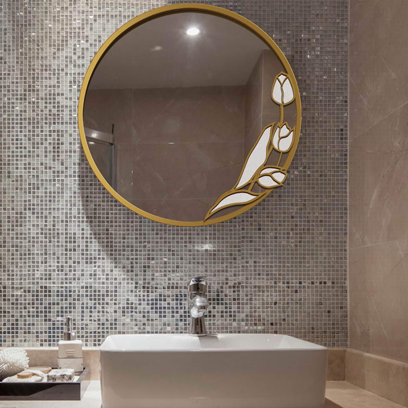 Specchio Espejo de baño moderno para sala de estar, espejo decorativo de pared redondo con marco de madera y diseño de flor de magnolia, espejo plateado antivaho de alta definición para dormitori