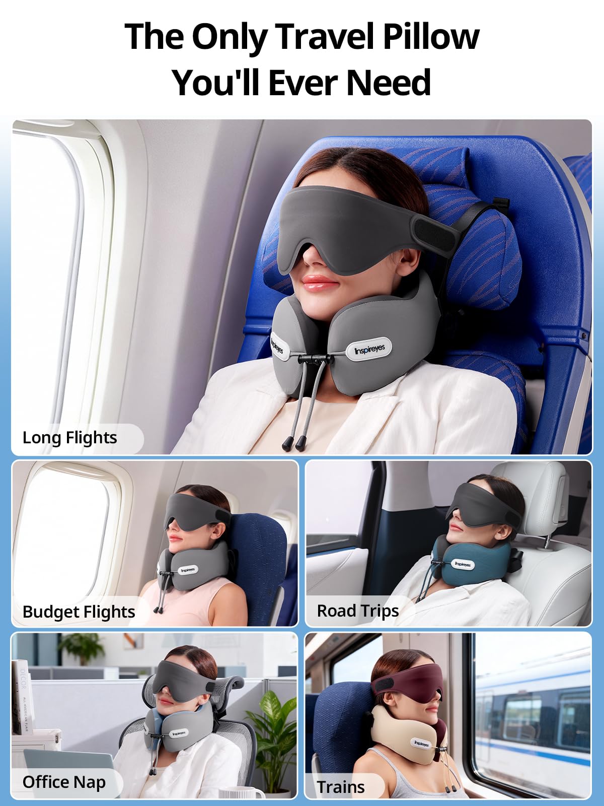 Inspireyes Almohada para el cuello, almohada de viaje con correa de asiento, máscara de dormir 3D, cabeza de cuello de doble apoyo, almohada de avión de espuma de alto apoyo para viajes largos por