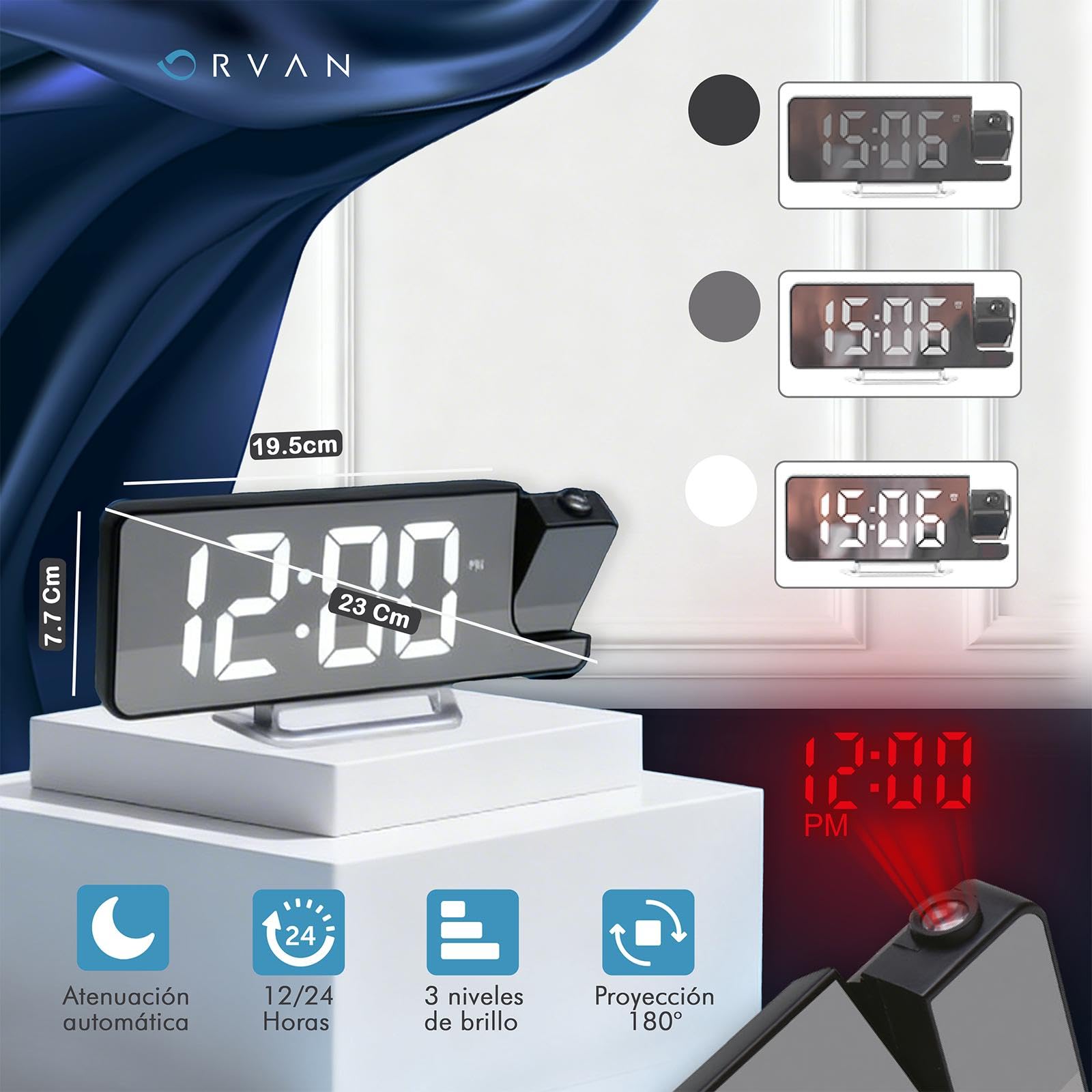 ORVAN® Reloj Proyector Techo Premium | Reloj Despertador Digital LED | Despertador Proyector Techo con Efecto Espejo | Reloj Despertador con Proyector | Doble Alarma | Tres Modos De Atenuación - 3