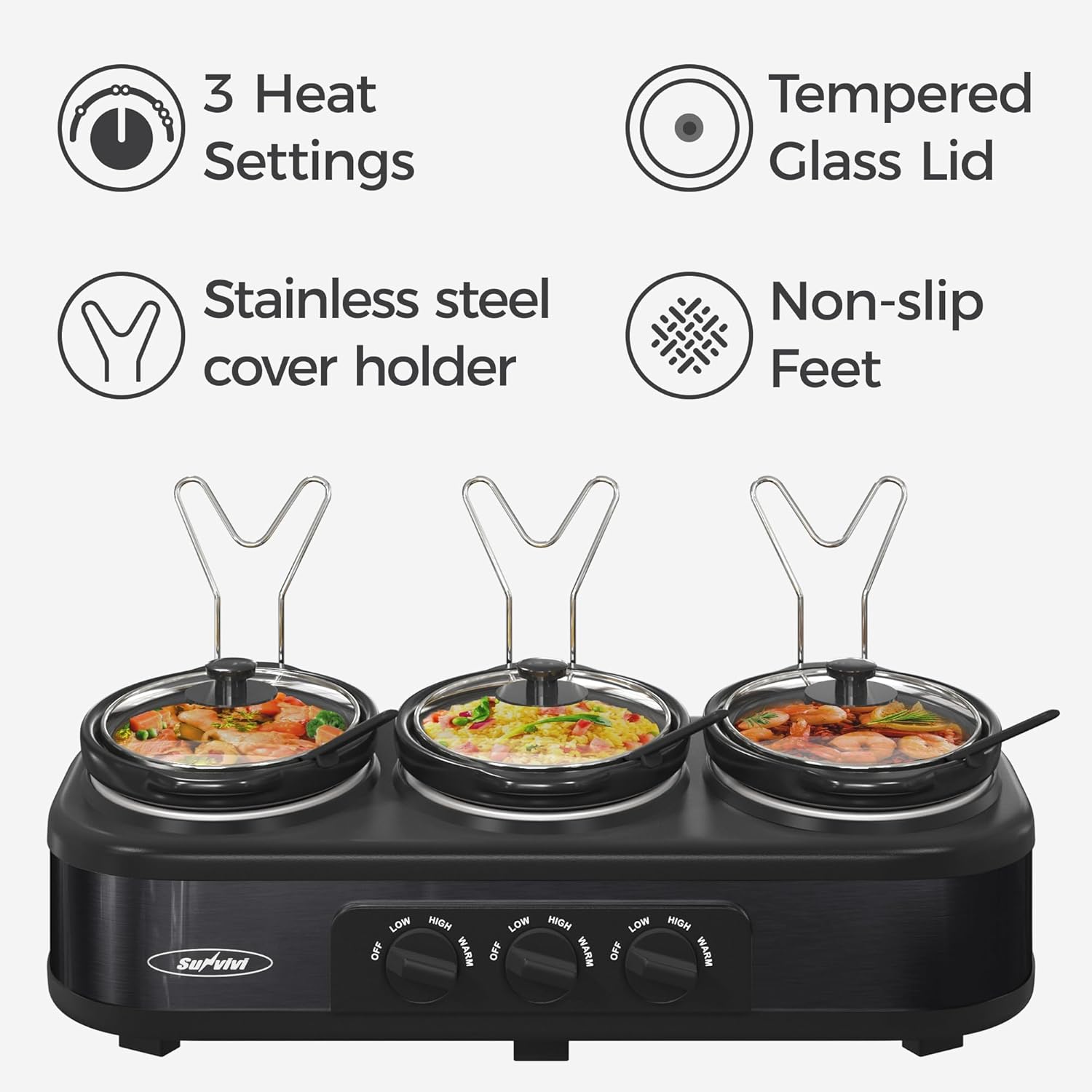 Sunvivi Triple Slow Cooker, Buffet Server & Warmer with 3 Removable Ceramic Pots, 3 Adjustable Temp Settings & 3 Metal Lid Rests, Stainless Steel, 3 * 1.5 Quarts Black