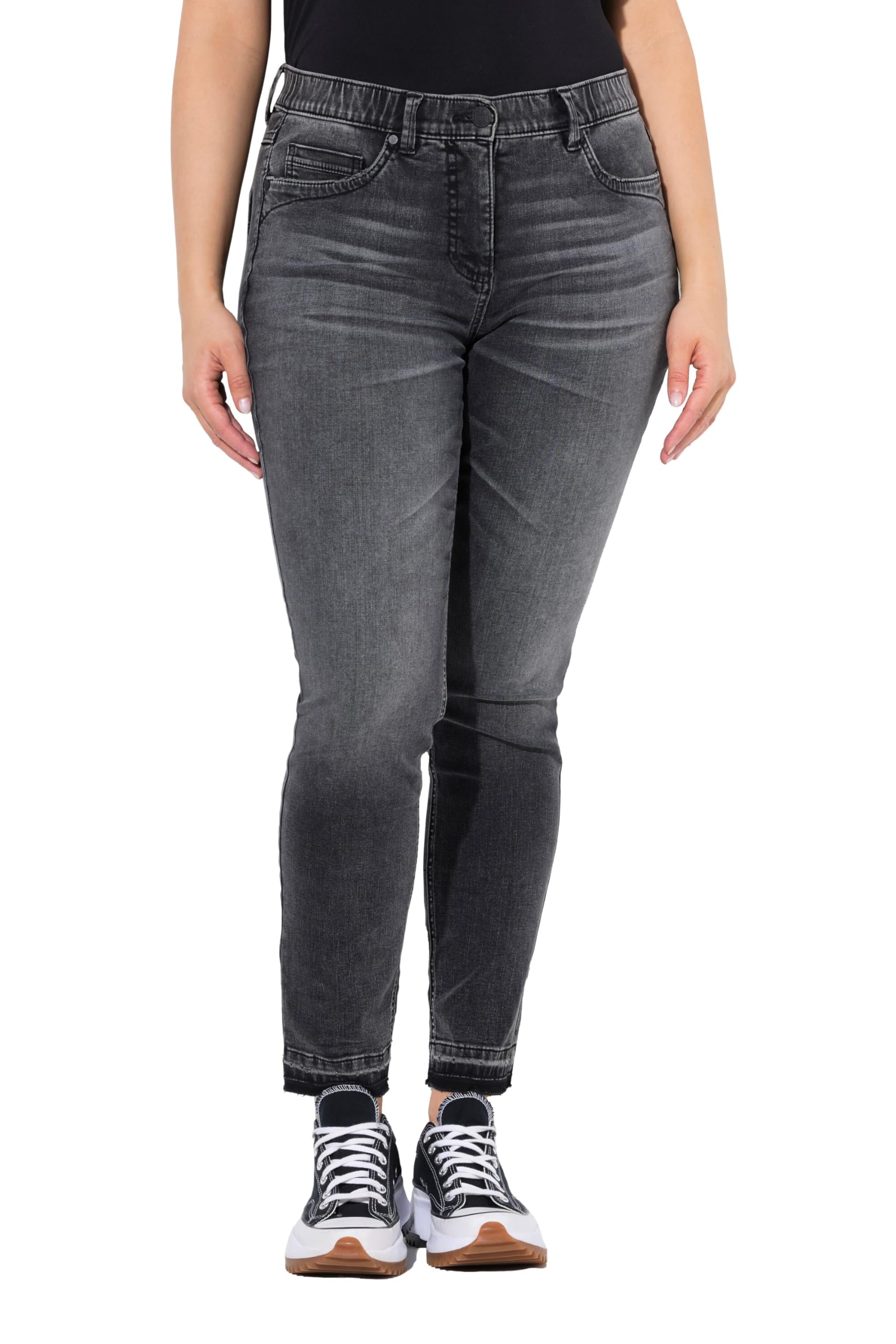 Ulla Popken Damen große Größen Übergrößen Plus Size Jeans Sarah, Fransensaum, schmales Bein, Komfortbund 840792
