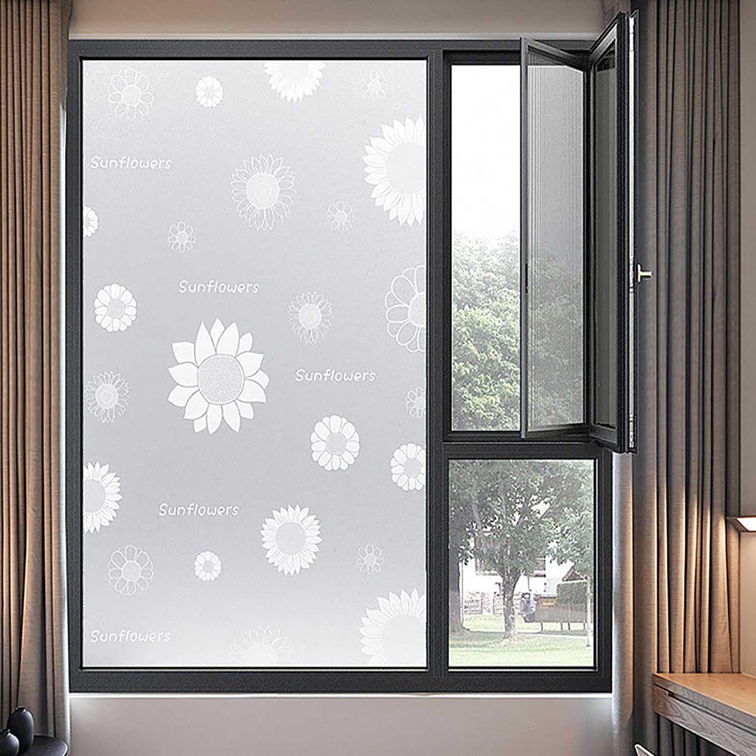 XQKXHZ Window Cling Privacy Film Heat Control,UV Protection,Anti Glare Frosted Window Coverings Film for Bedroom,Bathroom,Kitchen,Non-Adhesive Sunflower Decorative Film for Glass Windows,80x200cm