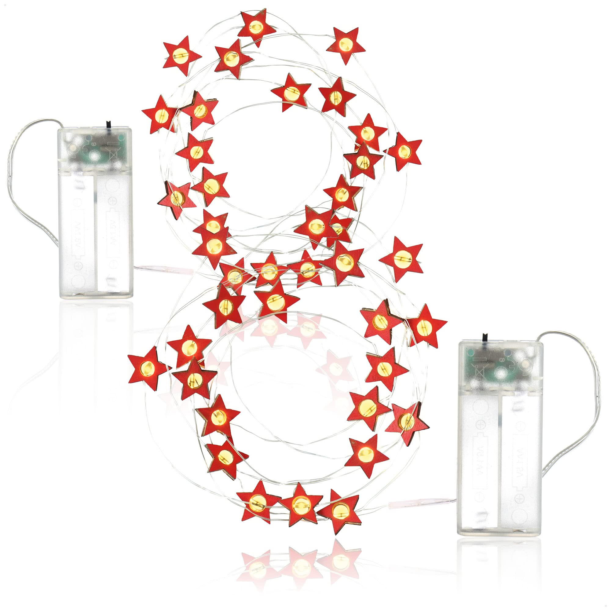 com-four® 2X LED Light Chain with Timer, Energy-Saving Christmas Lights, Light Chain with 20 LED Stars Made of Wood - Image 3