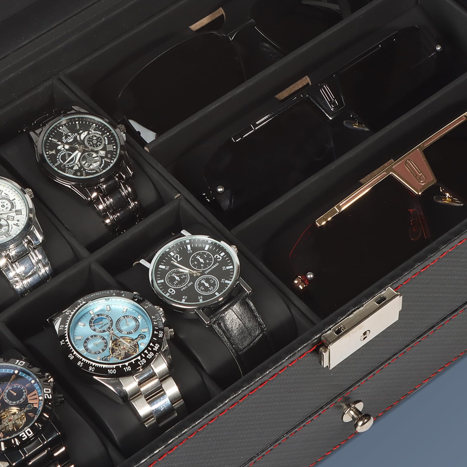 Boite a Bijoux Homme, Rangement Montres et Lunettes avec Grand Couvercle en Verre, 6 Emplacements et 2 Niveaux, Coffret Montre, Boîte à Montres avec Serrure, boite a montre homme, Idée Cadeau -Noir