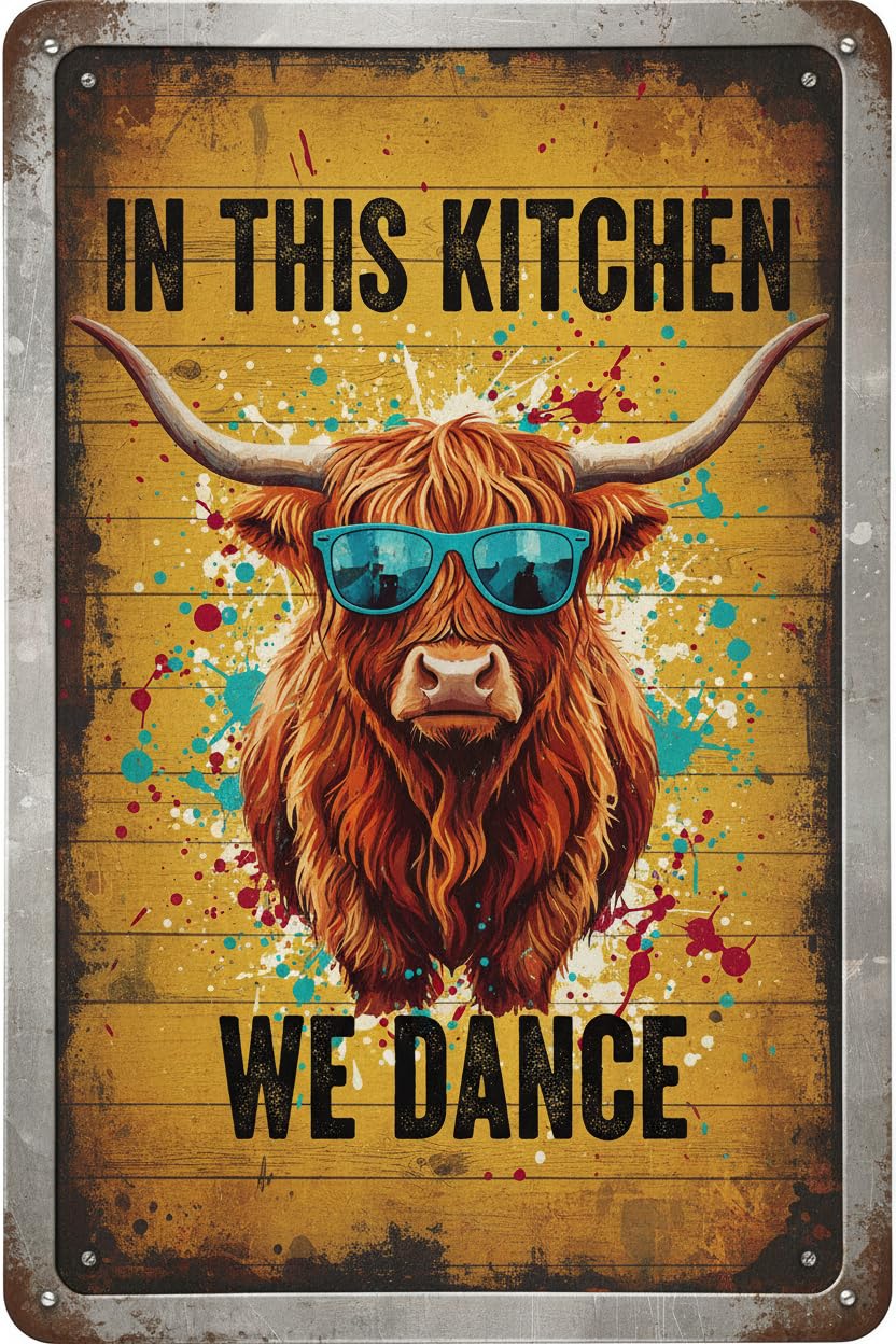 Cow In This Kitchen We Dance Tin Sign, 8x12 Inch