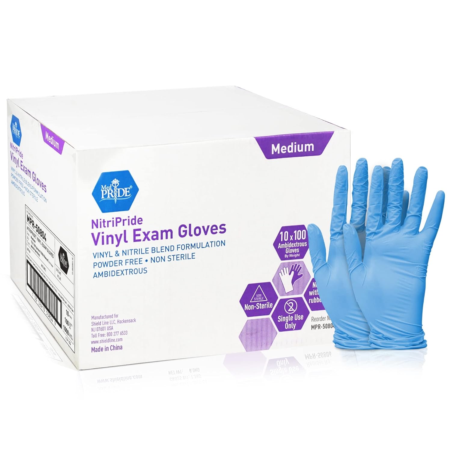 Med PRIDE NitriPride Nitrile-Vinyl Blend Exam Gloves, Medium 1000 - Powder Free, Latex Free & Rubber Free - Single Use Non-Sterile Protective Gloves for Medical Use, Cooking, Cleaning & More 1000 Medium