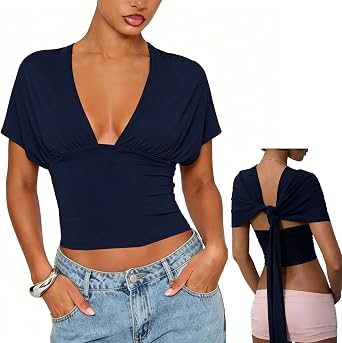 Foidiccx Womens Batwing Sexy Deep V Neck Tie Back Cinched Waist Wrap Top Y2k Going Out Cute Fitted Waist Cropped Tops