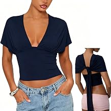 Foidiccx Womens Batwing Sexy Deep V Neck Tie Back Cinched Waist Wrap Top Y2k Going Out Cute Fitted Waist Cropped Tops