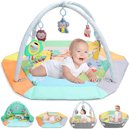 deAO Baby Gym Play Mat, 5-in-1 Tummy Time Mat Baby Tent with 6 Toys, Washable Large Play Tent for Visual, Hearing, Sensory, Motor Development, Gift for Toddler Infant 0-3-6-9-12 Months
