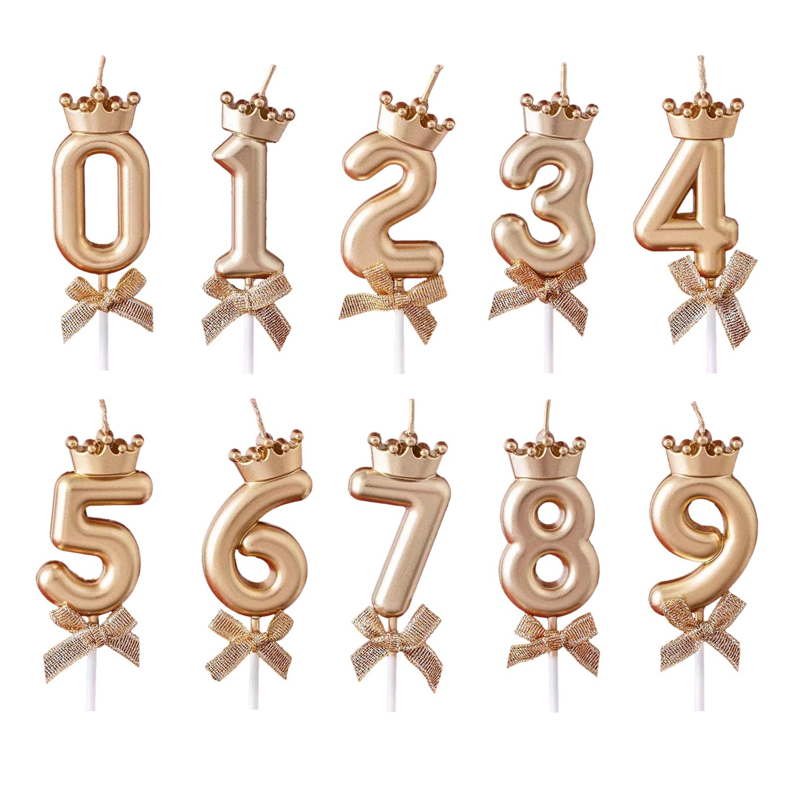 anwhriet Crown Number Birthday Candles, 0-9 Digit Cake Topper Candles with Bow, Gold/Silver/Rose Gold Number Candle for Birthday Anniversary Milestone Celebrations, Cake Decorations Champagne