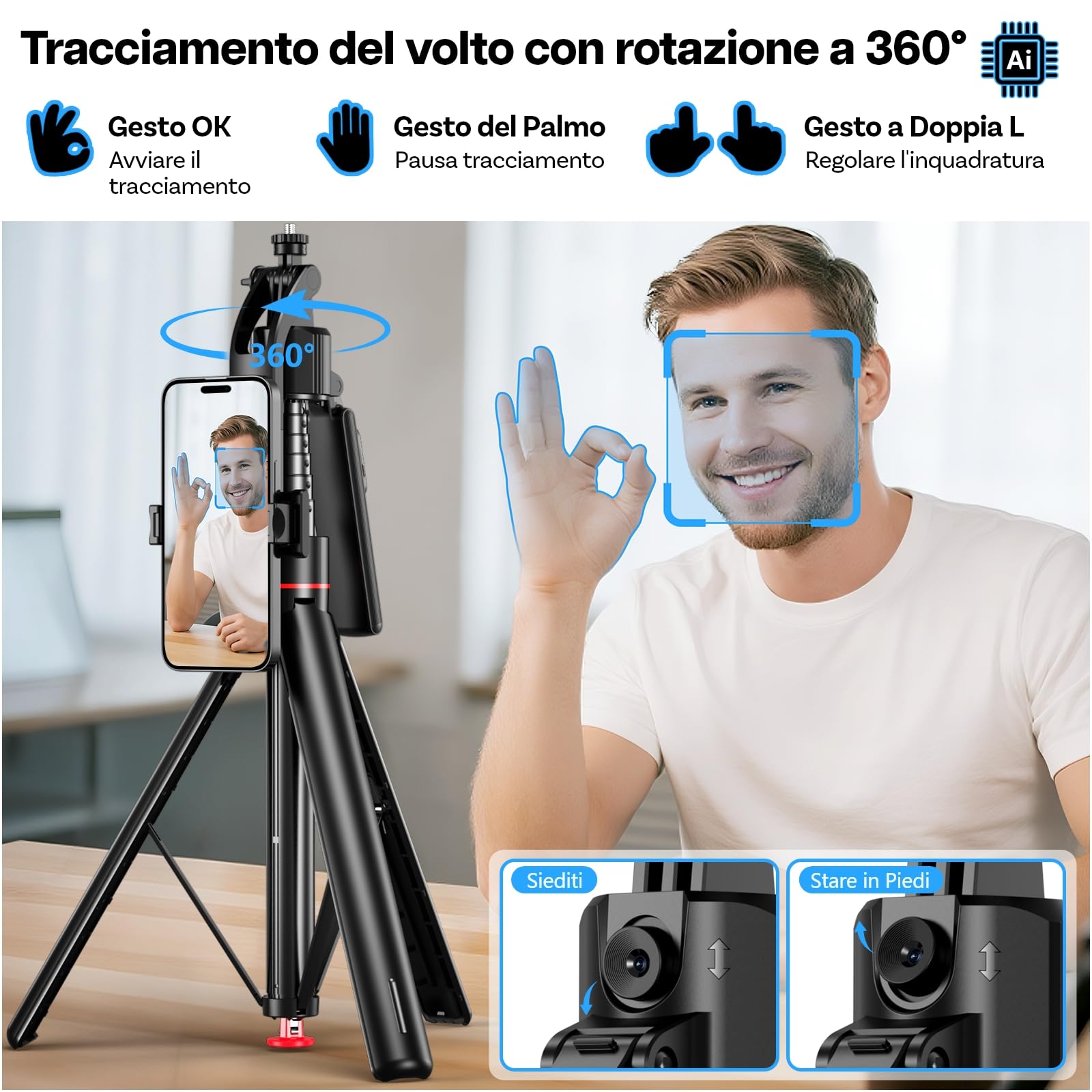 Treppiede per Tracciamento Automatico del Volto di MMOBIEL – 360° Rotazione AI con Controllo Gesti, Bluetooth 5.4 e Telecomando - Estendibile 1,76m, Treppiede Auto-Apertura per iPhone, Android, GoPro