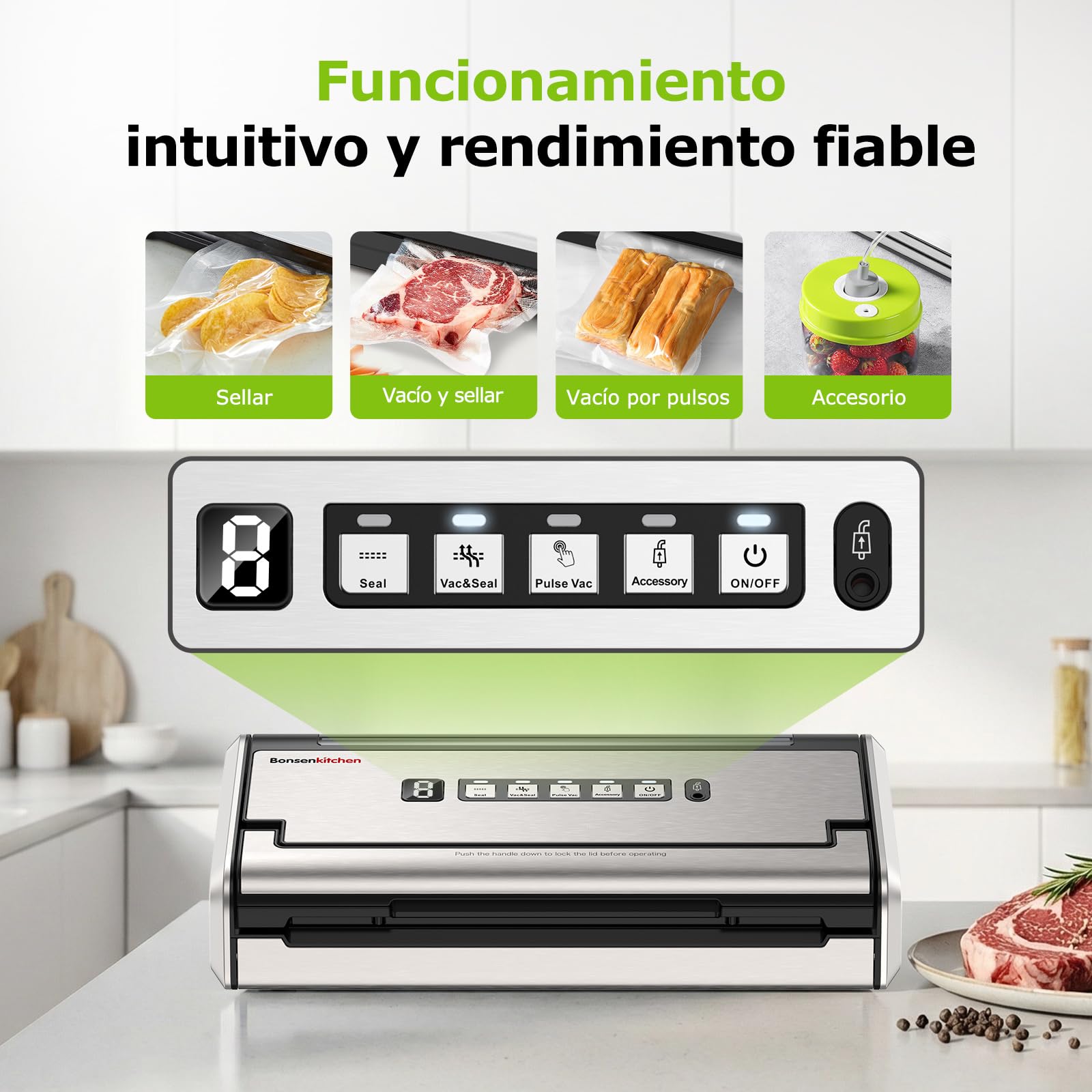 Bonsenkitchen Envasadora al Vacío, Sellado Ancho 5mm Antifugas, Acero Inoxidable, Una Mano & Pulse Seco/Húmedo, Envasadora al Vacío de Alto Rendimiento incl. 1 Rollo & 10 Bolsas, VS4200