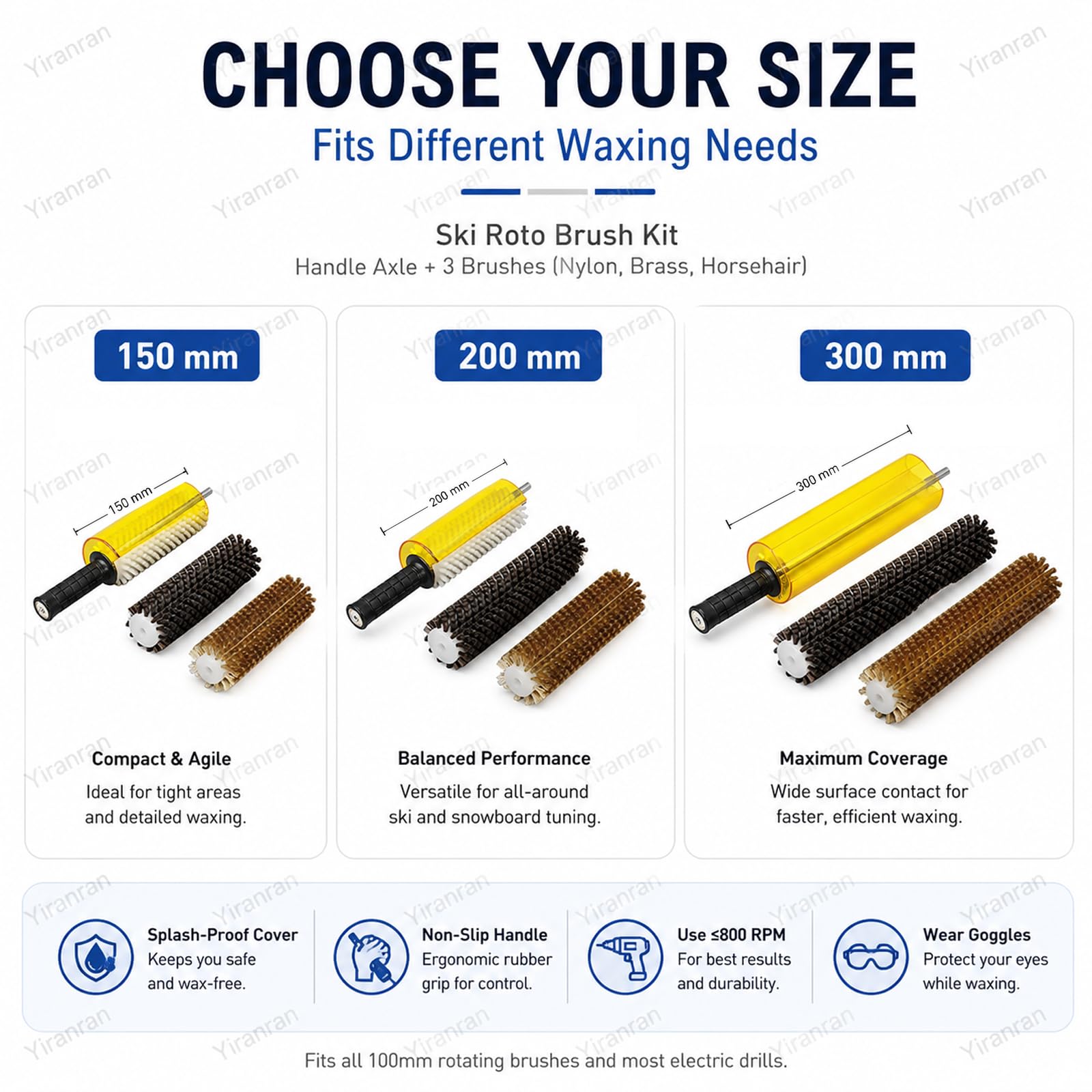 Kit de cepillo rotativo para esquís, eje para mango de cepillo rotativo, eje de 150 mm/200 mm/300 mm con los 3 cepillos (nylon, latón y crin de caballo) para encerado, para usar con taladro eléctrico