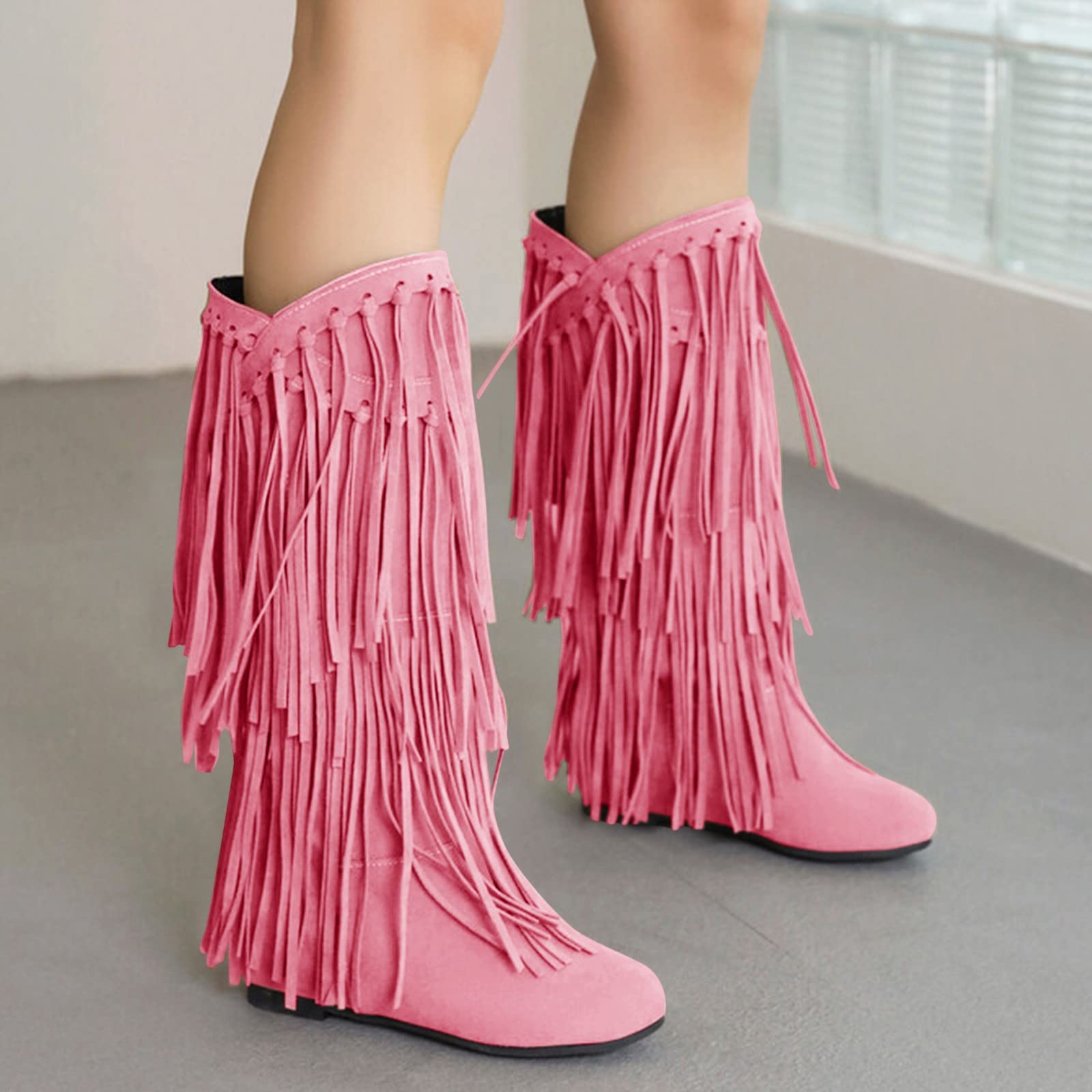 Bottines à talons bas classiques à franges pour femme | Bottes mi-hautes élégantes d'hiver avec franges | Bottes d'hiver confortables et antidérapantes pour femme