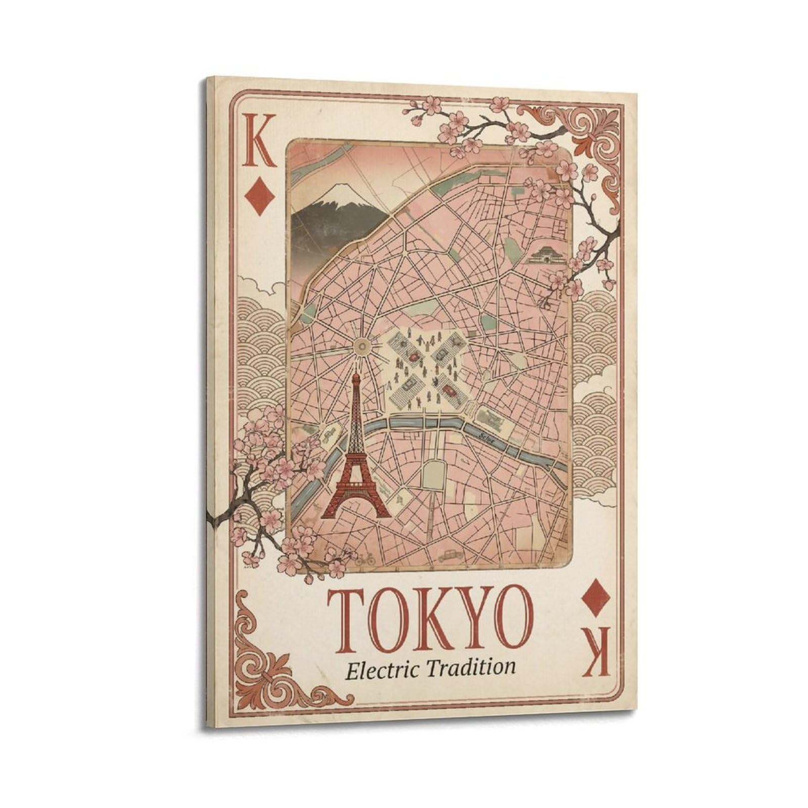 OKNGB Vintage City Map Poster Tokyo Japan Skyline Playing Card Style Decorative Painting Canvas Art Picture 24x36inch(60x90cm)