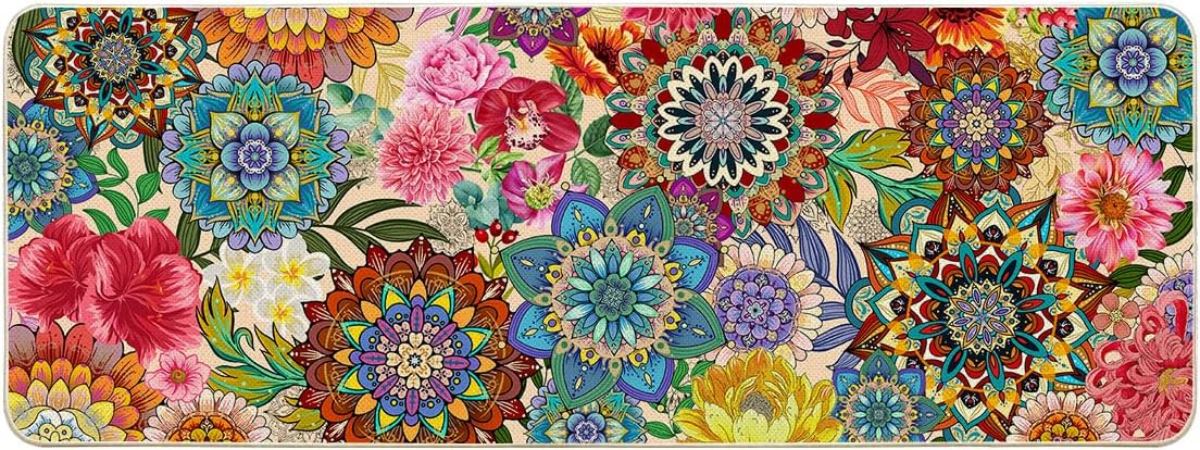 Boho Floral Kitchen Rug 1 Piece Mandala Floor Mats Flowers Kitchen Mat Comfort Non Slip Washable for Kitchen Farmhouse Indoor Home Decor, 17"x47"