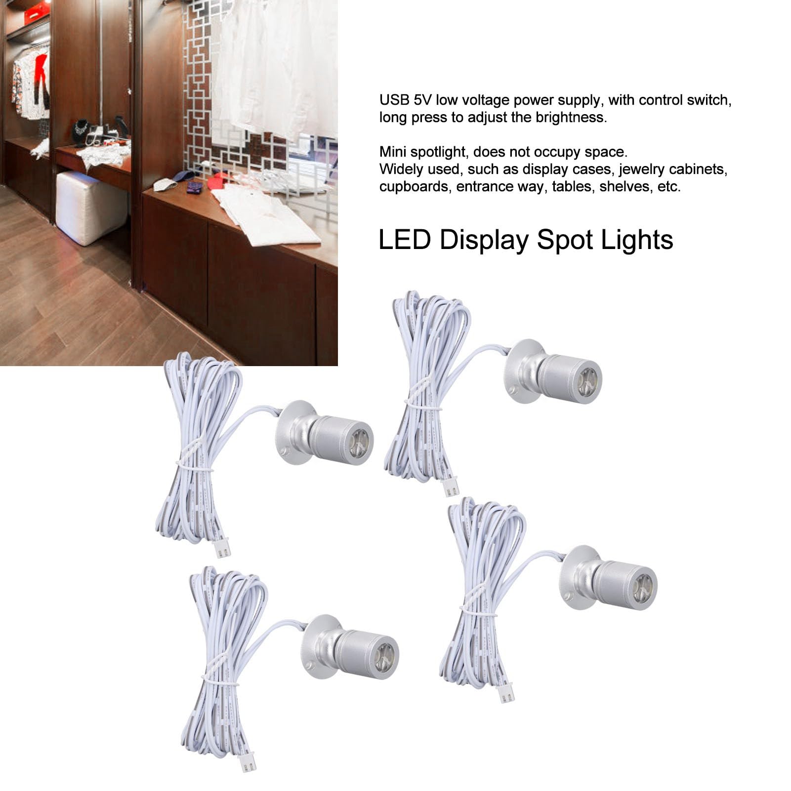 Mini Faretti, Faretto LED Dimmerabile Ruotabile a 360° con Dimmer, Luci D'accento USB 5V Luce per per Piante, Vetrina di Gioielli, di Pittura, Espositori (Luce