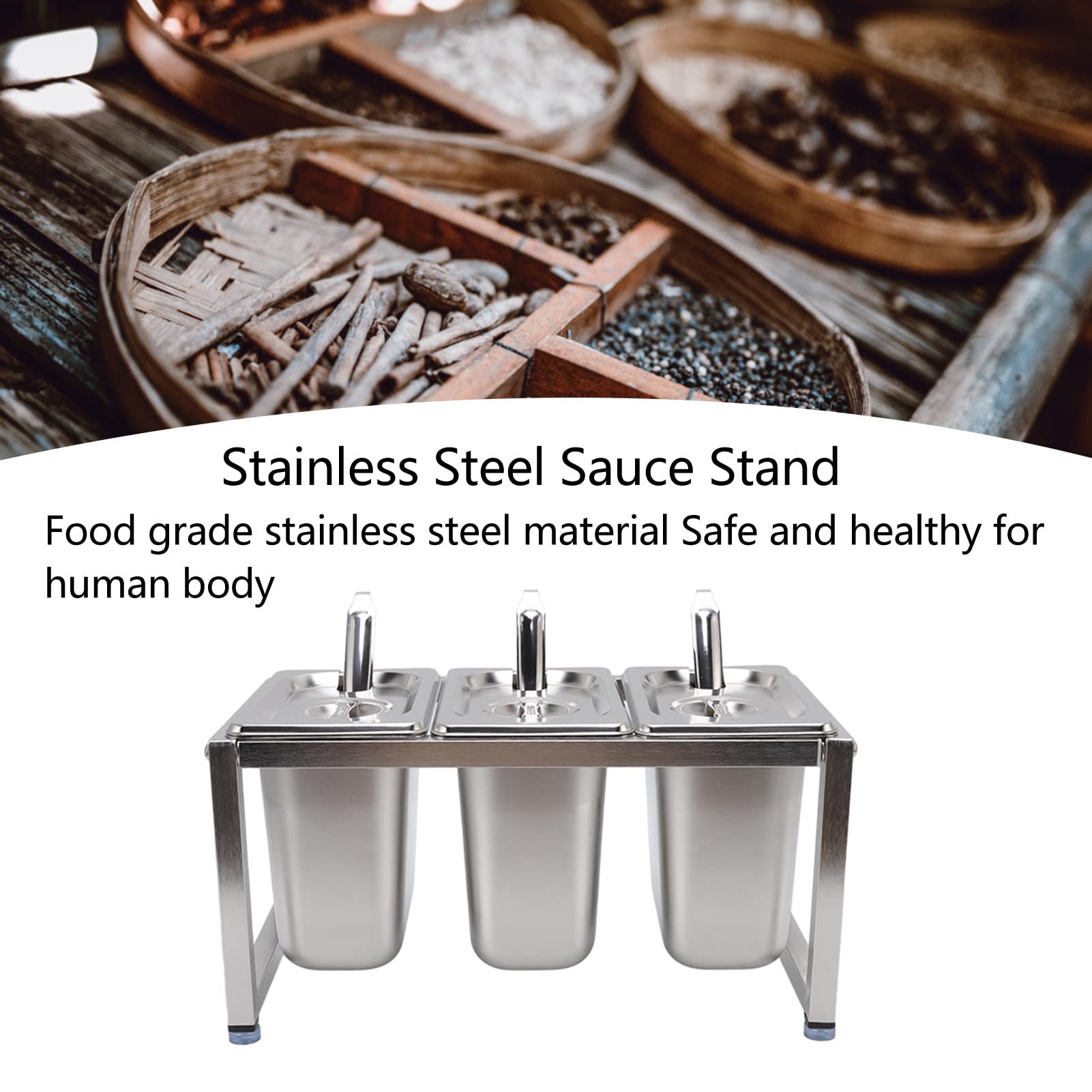 Qcwwy Soporte Organizador de Condimentos de Acero Inoxidable, Soporte para Recipientes de s de Mostrador de Restaurante, Estante de Almacenamiento de Condimentos con Tapas y (Caja de 3 uds.)