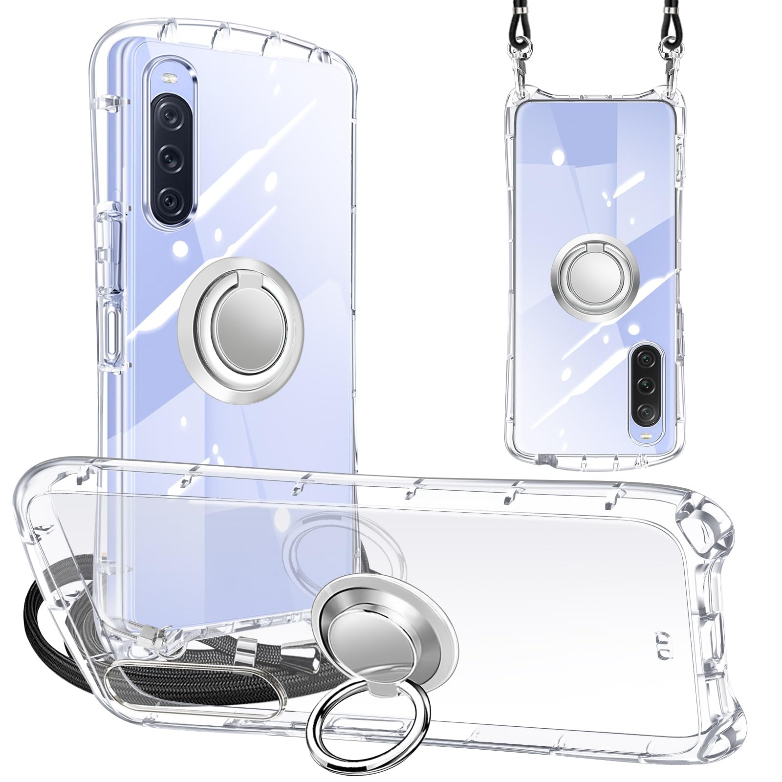 Sony Xperia 10 V ケース リング クリア SO-52D SOG11 カバー ショルダー ストラップ付 透明 TPU 耐衝撃 スタンド機能 横置き 車載ホルダー 韓国 可愛い エクスペリア 10V so-52d sog11 スマホケース