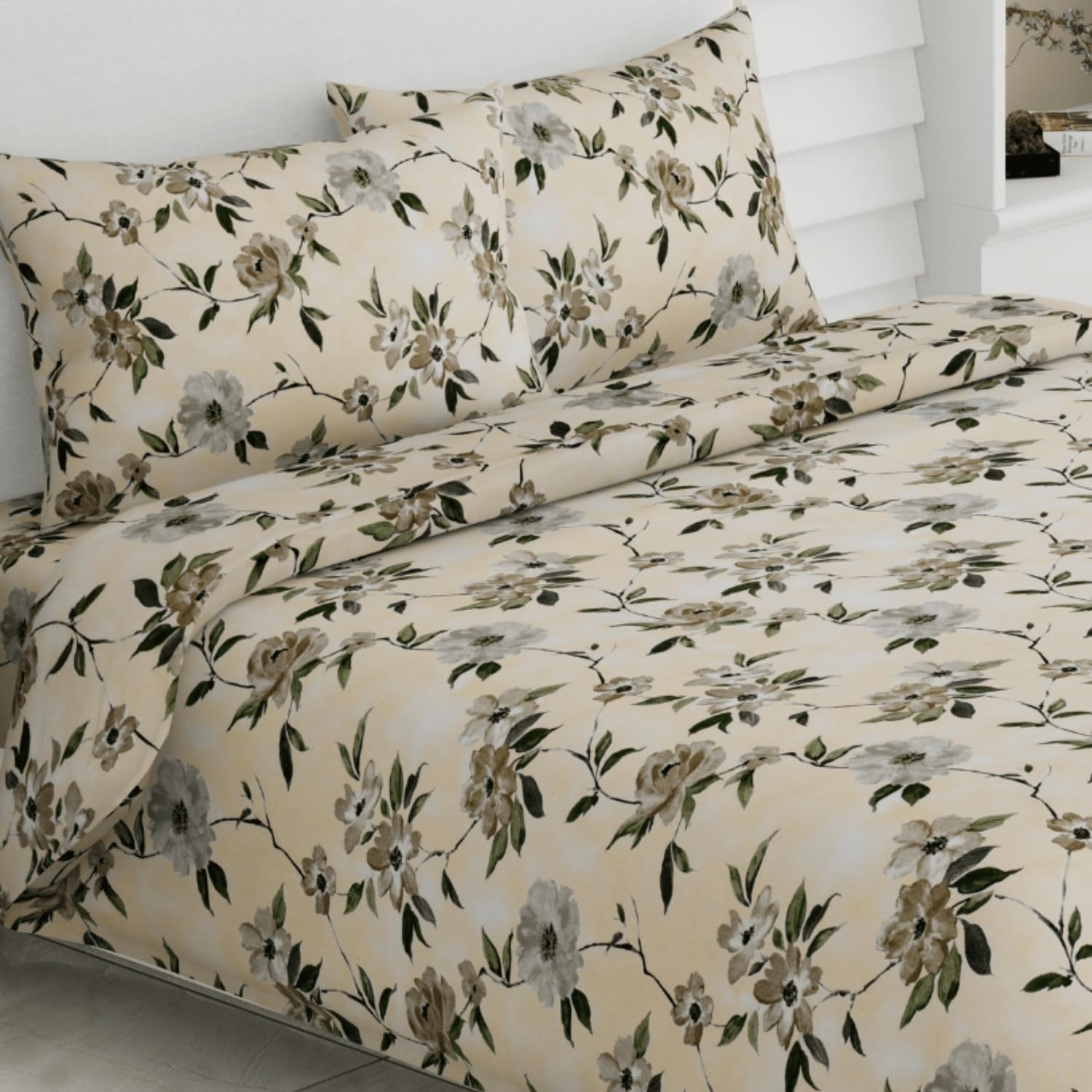Haus & Kinder Bedsheet King Size 100% Pure Cotton Floral Bed Sheet with 2 Pillow Covers, 186 TC 108X108 Inches Bedding Set, Soft Breathable Cozy Flat Sheet, Greek Garden Romance