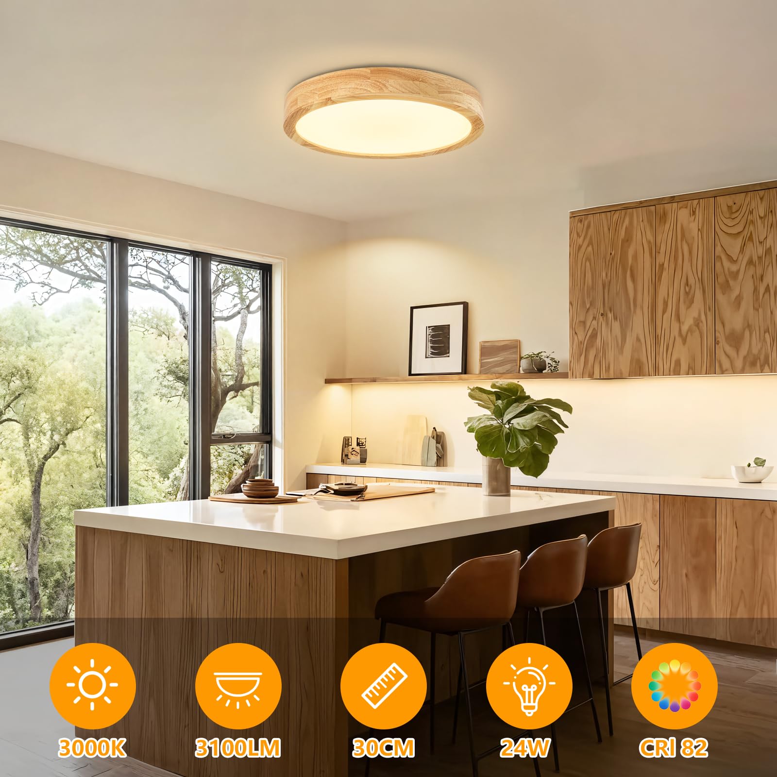 LED Deckenleuchte 24 W, Deckenlampe Holz ∅ 30 cm, Schlafzimmerlampe