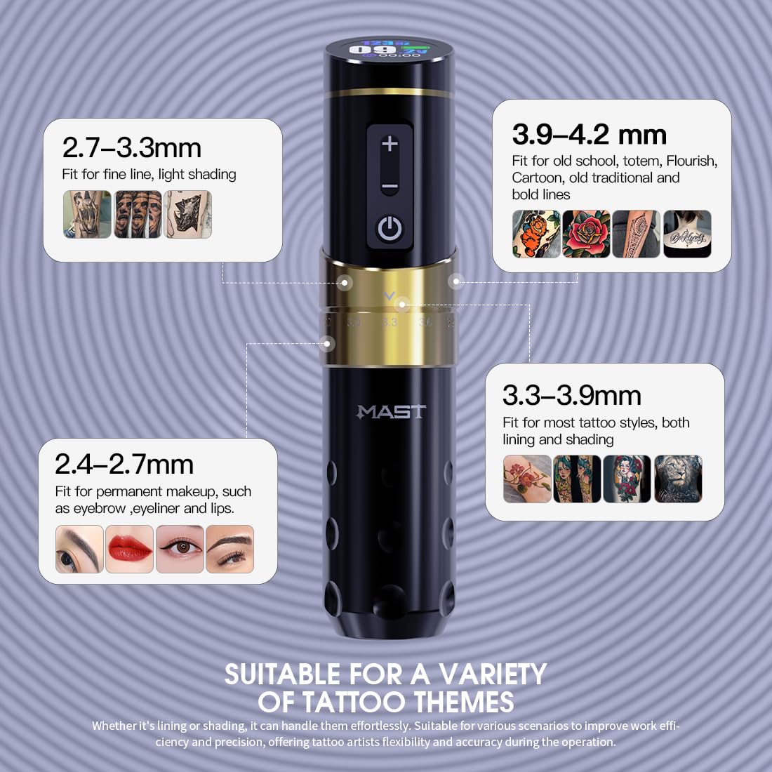 Mast Flip3 Wireless Tattoo Machine Gun Rotary Tattoo Cartridges Pen with 7Adjustable Strokes 2.4mm - 4.2mm with 1800mAh Battery Power Supply for Beginners and Tattoo Artist