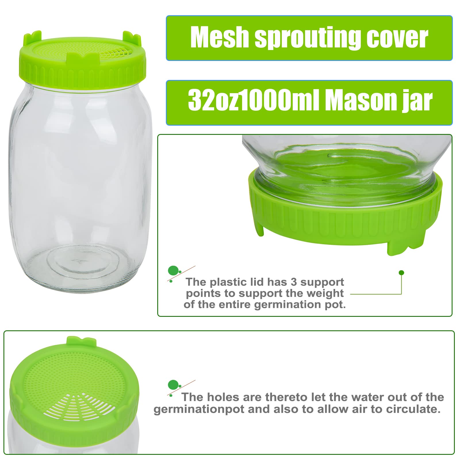 Deefong 2 Keimgefäß-Set,1000ml 32oz Keimglas mit Deckel und Sieb, Sojasprossenglas,2 Stück Keimglas-Set, Bohnensprossensamen-Einmachglas, Schattentuchbürste enthalten