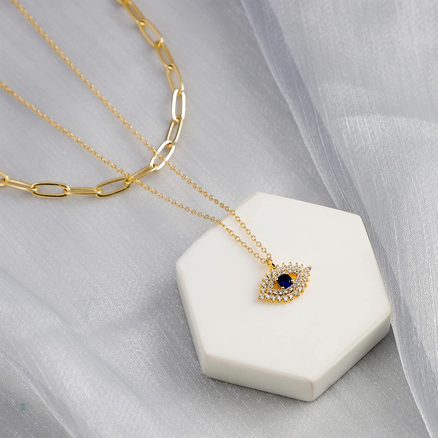 MEVECCO Layered  Necklace Pendant Handmade 18k Gold Plated Dainty Gold Choker Arrow Bar Layering Long Necklace for Women: Layer Blue Eyes