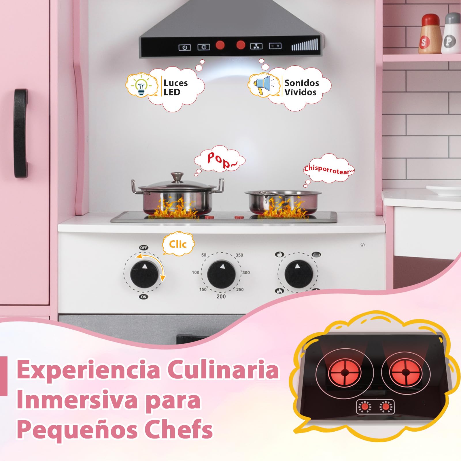 GOPLUS Cocina de Juguete de Esquina para Niños, Cocinita Infantil con Máquina de Hielo, Microondas, Estufa, Horno, Fregadero, Lavadora, con Luces y Sonidos para Niños Pequeños de 3-10 Años (Rosa)