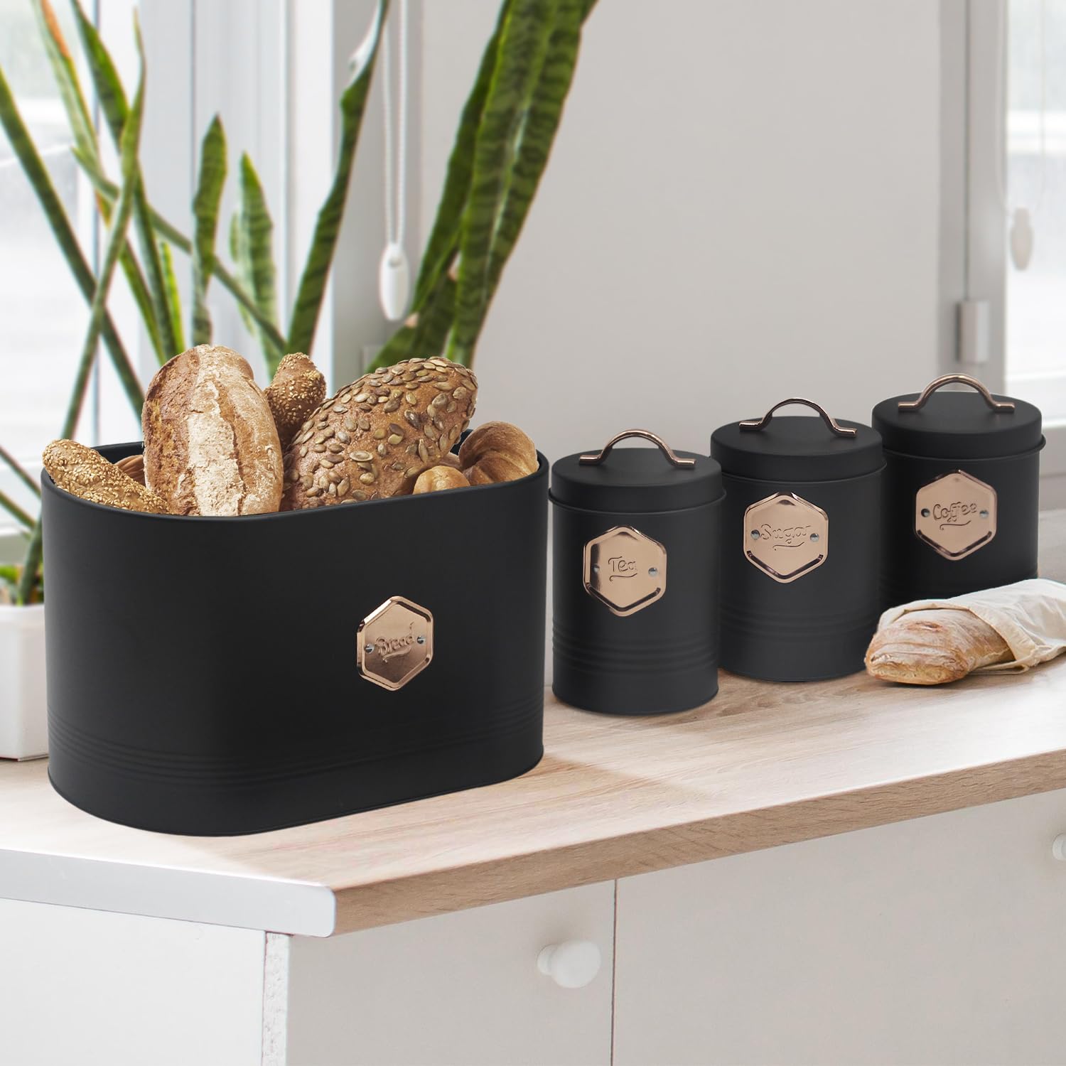 Black Bread Box Set with Coffee & Tea Canisters -7