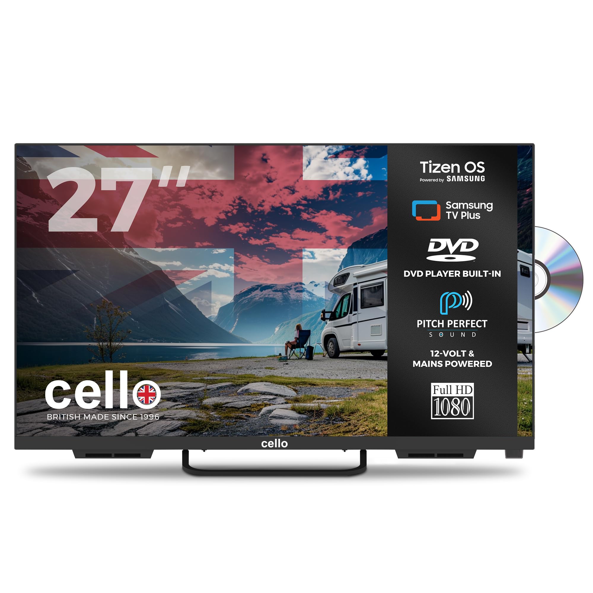 Cello Ctrav- 27Tzf 27" Tizen Os Smart Led 12V Traveller Tv/Dvd, By Samsung, Pitch Perfect Speakers, Bluetooth, Hdmi, Usb, Uk Made, Small Tv For Motorh