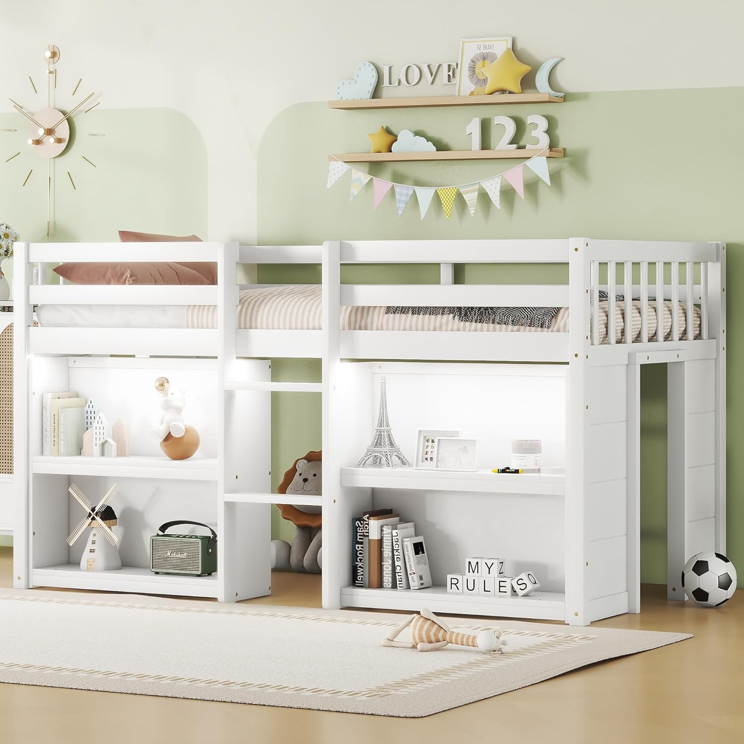 Twin Size Low Loft Bed with Storage Shelves, LED Light, Grey