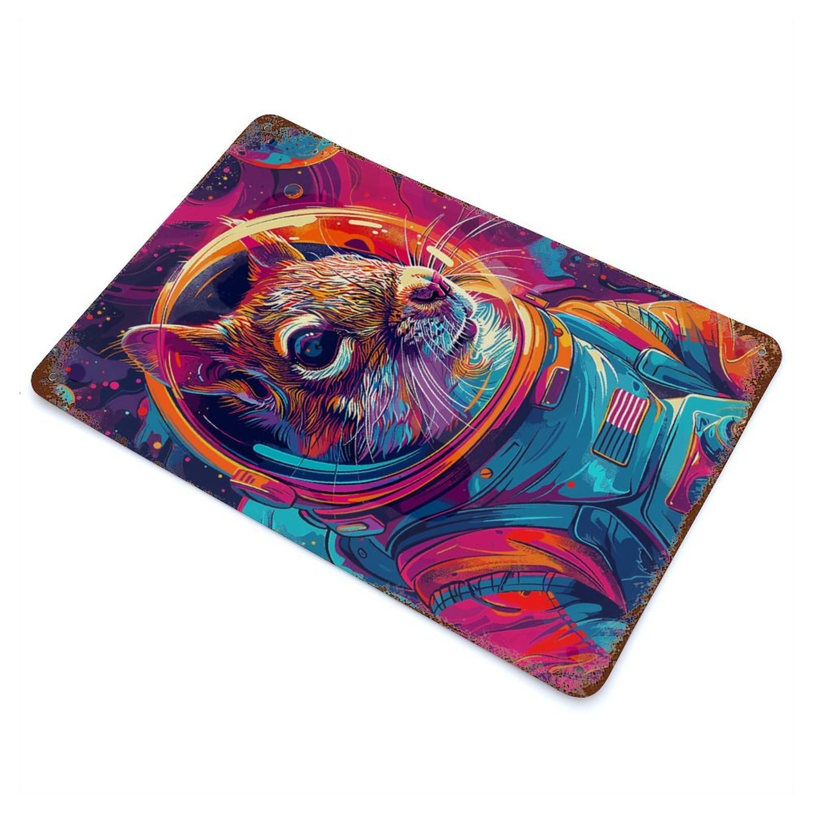 Aged Metal Wall Plaque with Squirrel Astronaut Space Design 11.8"x7.9", for Cafe, Home Bar And Lounge Decor, Novelty Wall Decor