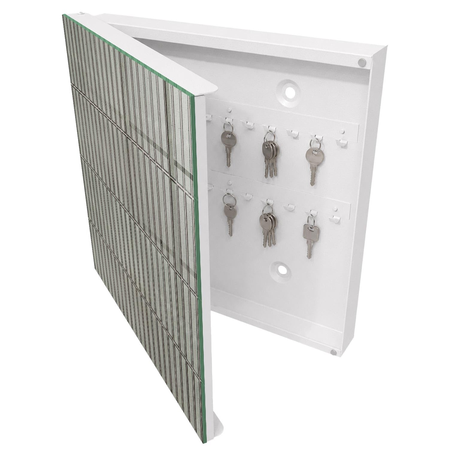 Armadietto Portachiavi 30x30 cm | Bianco | A Sinistra | Montaggio a Parete | Piastrelle grigie | per Uffici | Frontale Decorativo in Vetro Temperato | Tasselli e Viti Inclusi | in Metallo