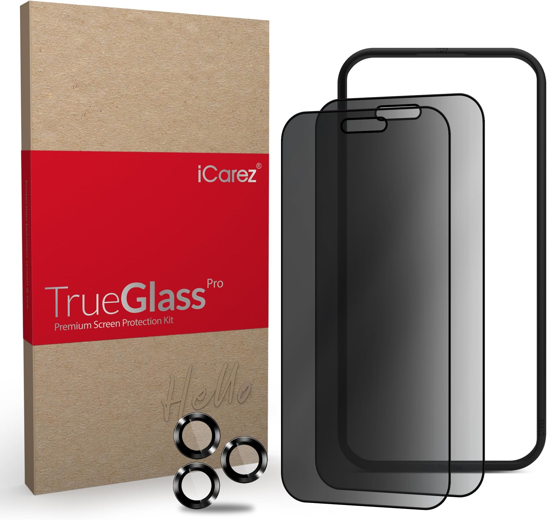 iCarezPrivacy Tempered Glass Screen Protector for iPhone 15 Pro 6.1-Inches 2023 [2-Pack] Full Coverage Tray Installation (Case Friendly) Easy Apply Anti Spy