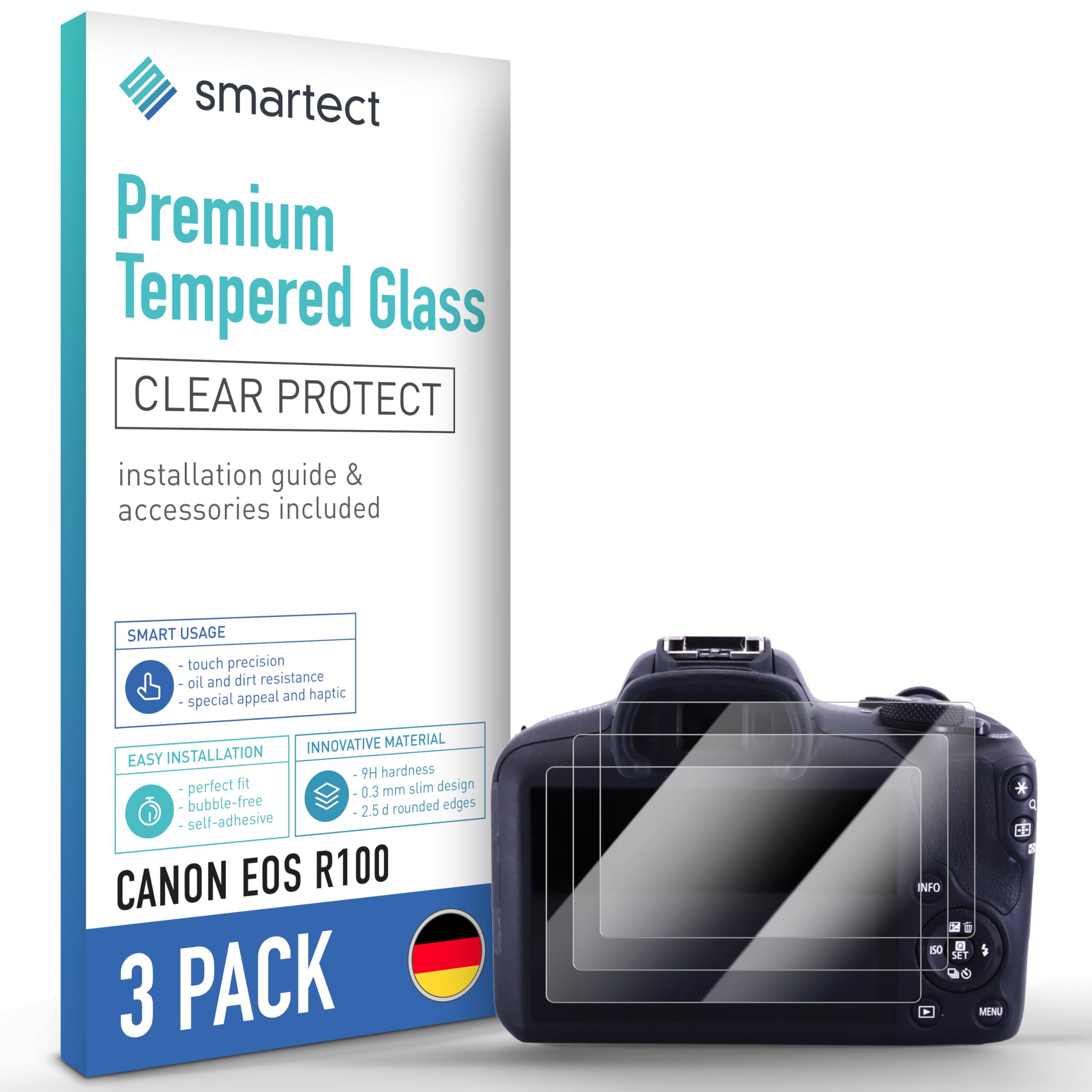 smartect Szkło Hartowane 3 Sztuki dla Canon EOS R100 | Szklana Ochrona Ekranu HD Anti-Zarysowania, 0.3 mm Ultra-przezroczyste, Twardość 9H, Odporne na Uderzenia, Bez Pęcherzyków