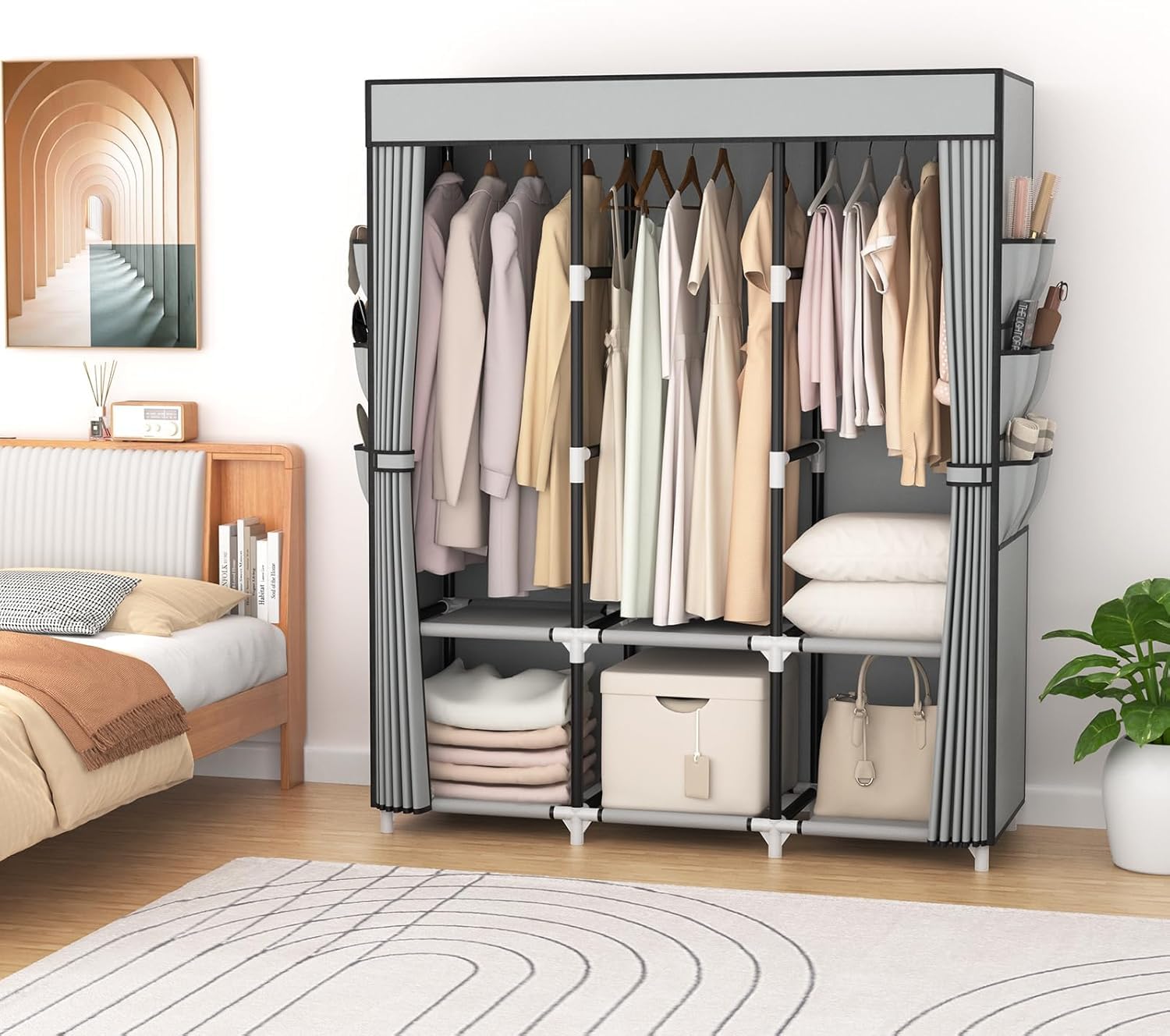 Vicye Armoire en Tissu, Wardrobe Armoire Chambre avec 3 tiges de Suspension, 6 étagères de Rangement et Poches latérales, Tube métal de 19 mm, Dressing Garde Robe Adulte pour Chambre à Coucher Gris