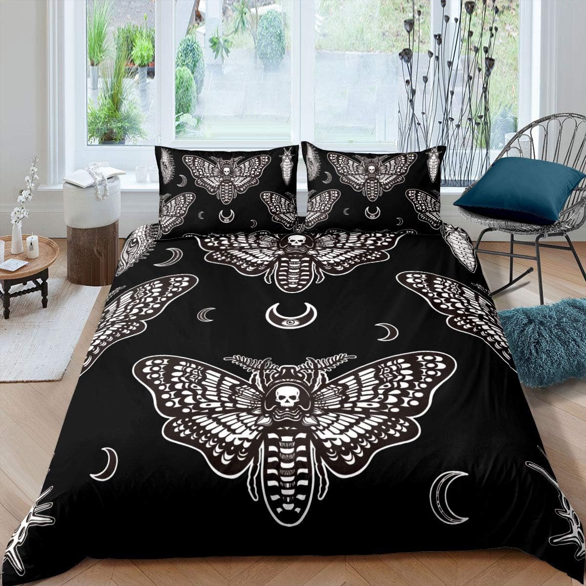 FeelyouBoys Boho Moth Duvet Cover Queen Size Men Gothic Skull Bedding Set for Girls Women Bedroom Decor Bohemian Moon Star Comforter Cover Personalized Moth Skull Skeleton Bones Bedspread Cover 3Pcs