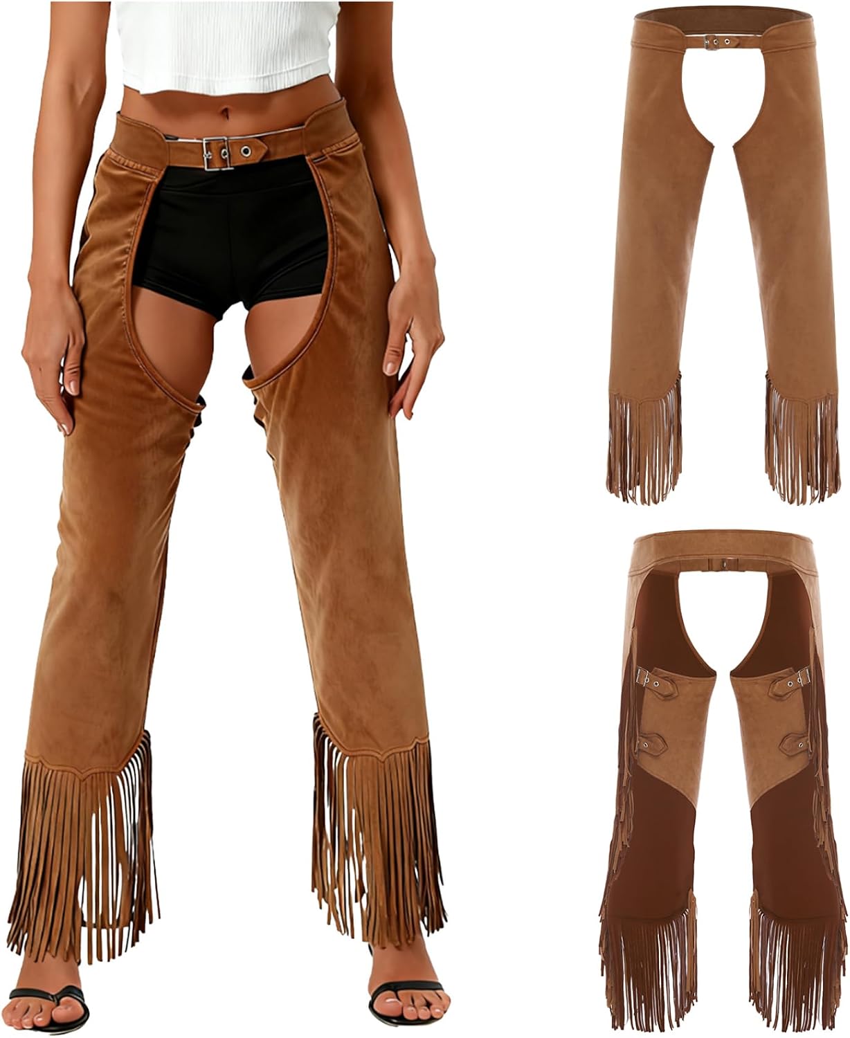 Womens Western Cowgirls Costume Faux Suede Tassel Chaps Hollow Out Fringed Long Pants