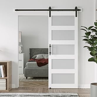 34in x 84in 5-Panel Sliding Glass Barn Door with 6ft Hardware Kit Included, Easy Assembly with Pre-Drilled Holes, Waterproof, Frosted Glass for Bathroom-Fit Max Opening 32in x 82in, White