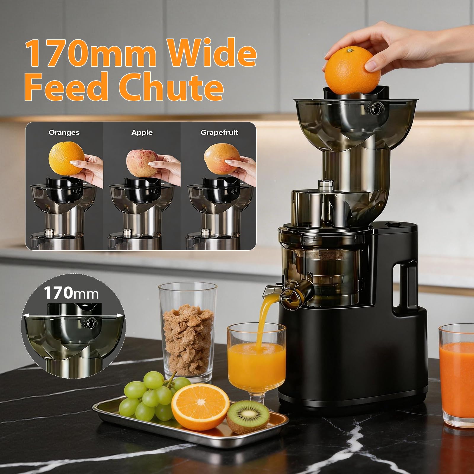 Extracteur de Jus 500W, Slow Juicer Grande Ouverture 170mm, Sans BPA, 99% de Rendement, 2 Récipients