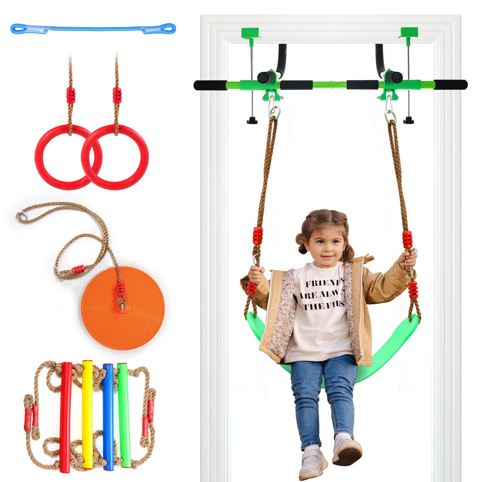Doorway Swing for Kids & Door Pull Up Bar for Adults, Indoor Kid Swing with 4 Accessories, Multi-Function Doorway Gym, Fits Door Frame 24.41-30.51'' W