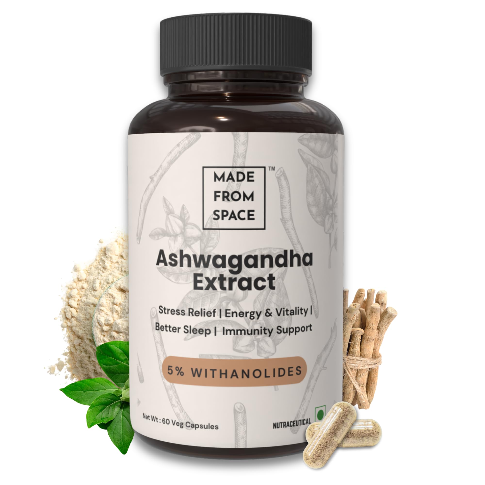Ashwagandha Capsules 500mg | Stress Relief & Anxiety Support | 5% Withanolide Extract | 60 Vegan Capsules | MADE FROM SPACE