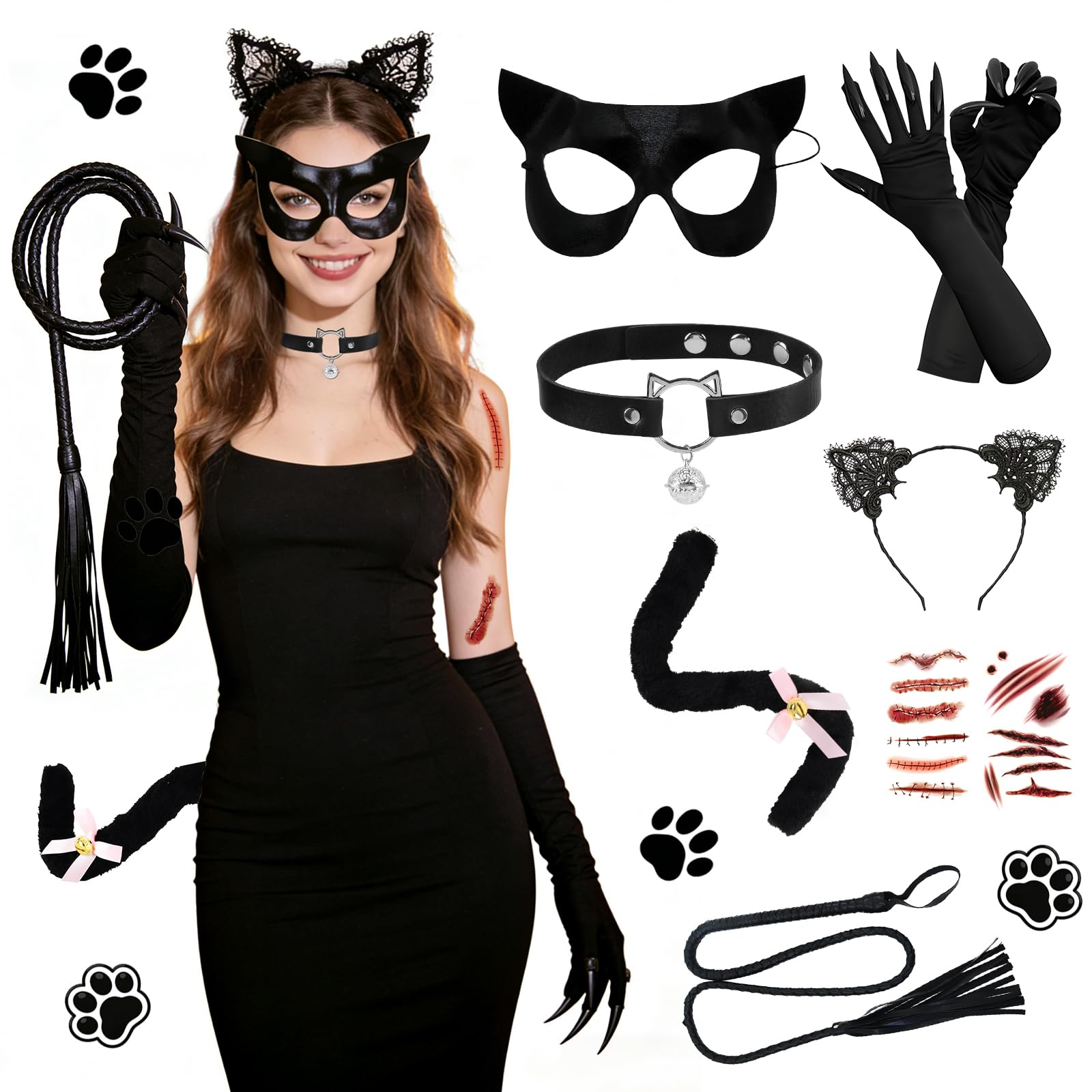 Black Cat Costume for Women, Animal Adult Outfit Accessories with Cat Ears Headband, Mask, Gloves, Tail with Bow, Choker with Bell, Whip and Scratch Tattoos, Halloween & Carnival Fancy Dress Kit