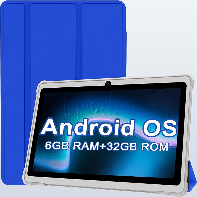 7 Inch Android Tablet with Case, 6GB RAM 32GB ROM, 1TB Expandable Storage, Quad-Core Processor, HD Display, WiFi, Bluetooth, Dual Camera, 3000mAh Battery, Blue Tablet for Kids & Travel (Blue)
