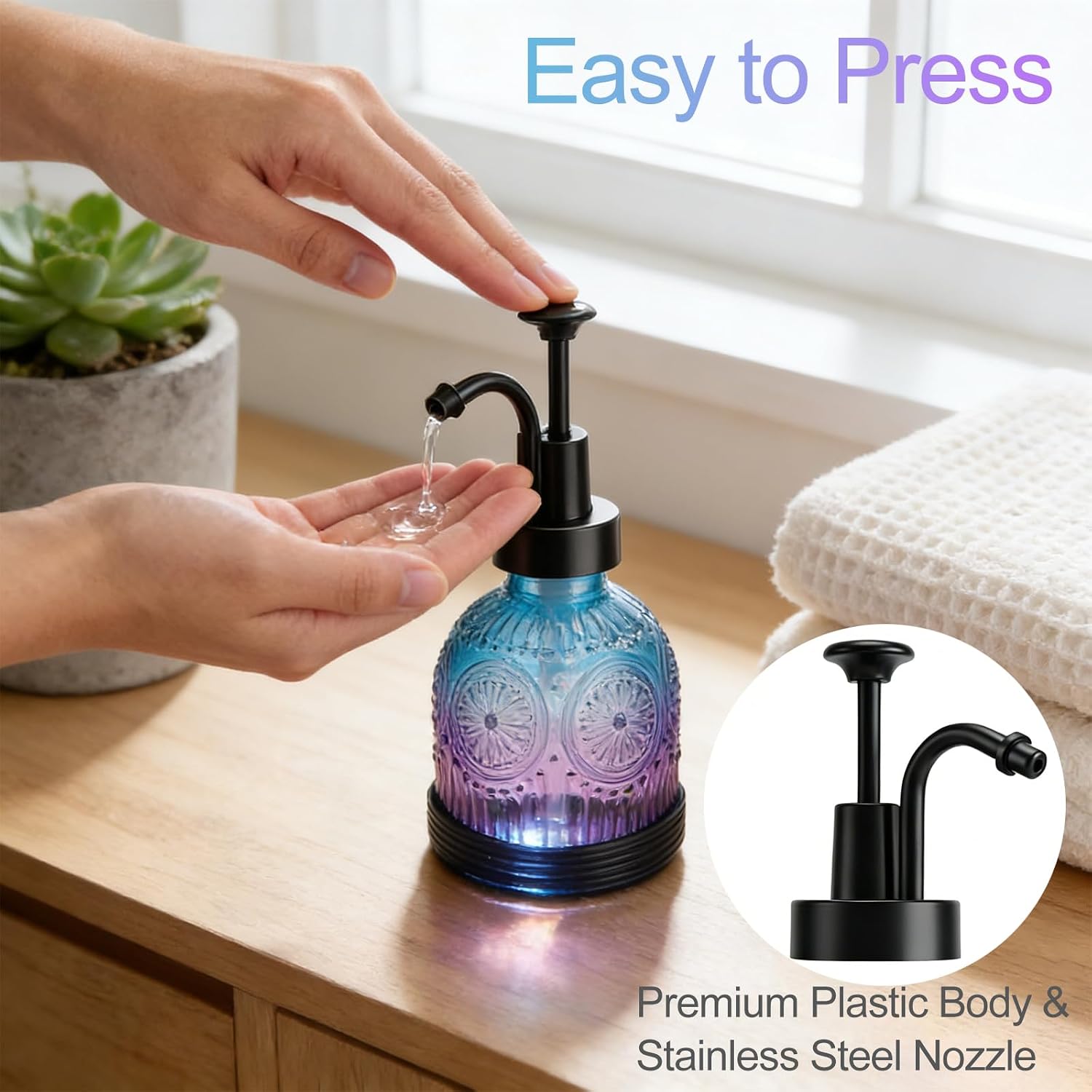 Glass Hand and Dish Soap Dispenser Set, Vintage Farmhouse Refillable Soap Dispenser with Black Pump & Non-Slip Mat, for Bathroom Kitchen Shampoo Lotion, Rustic Antique Decor (2 PCS, Blue Purple)