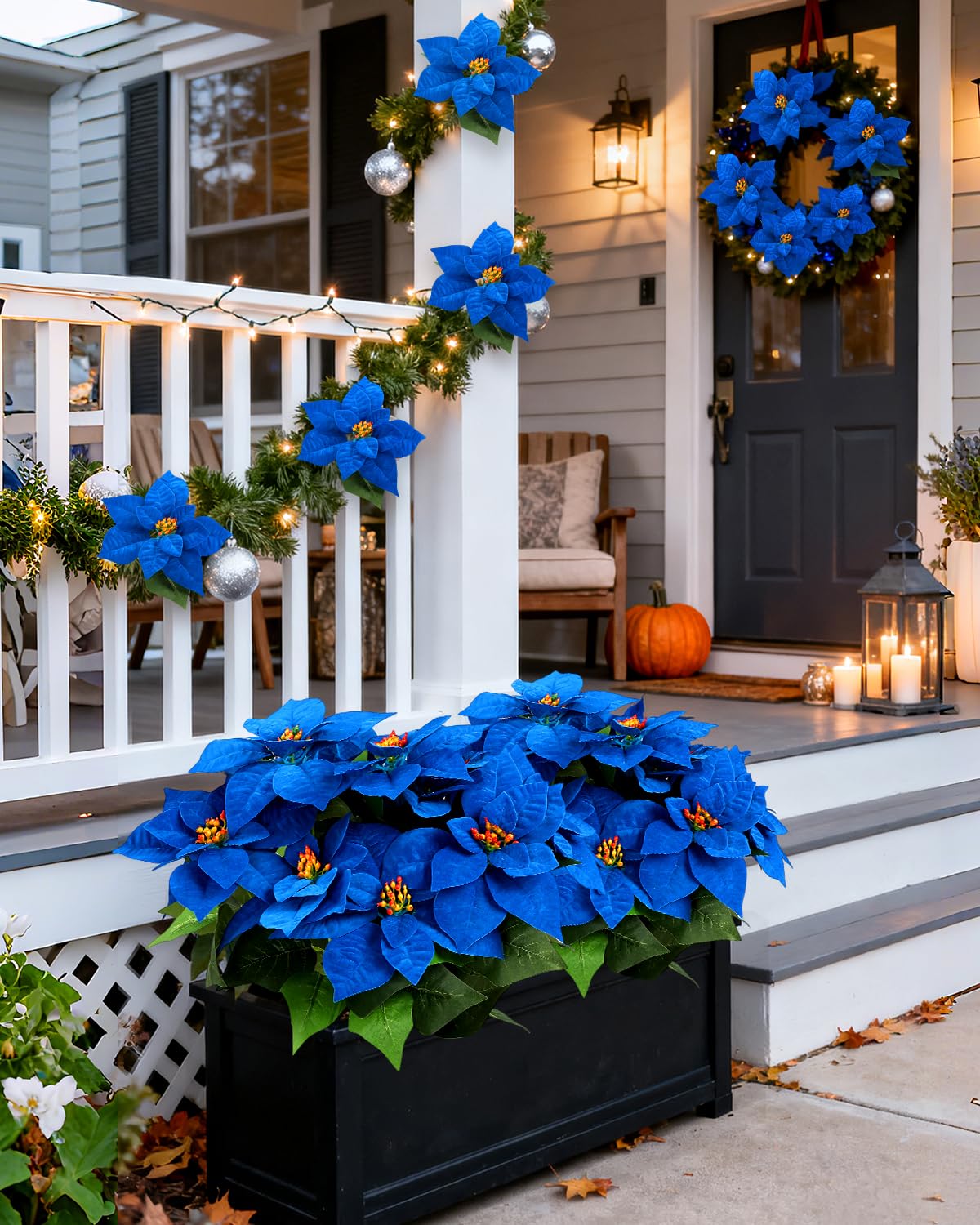 DuHouse Lot de 2 poinsettias artificiels en velours bleu roi de 50 cm pour la maison, la véranda, l'arbre, le jardin, l'intérieur et l'extérieur, décoration de Noël
